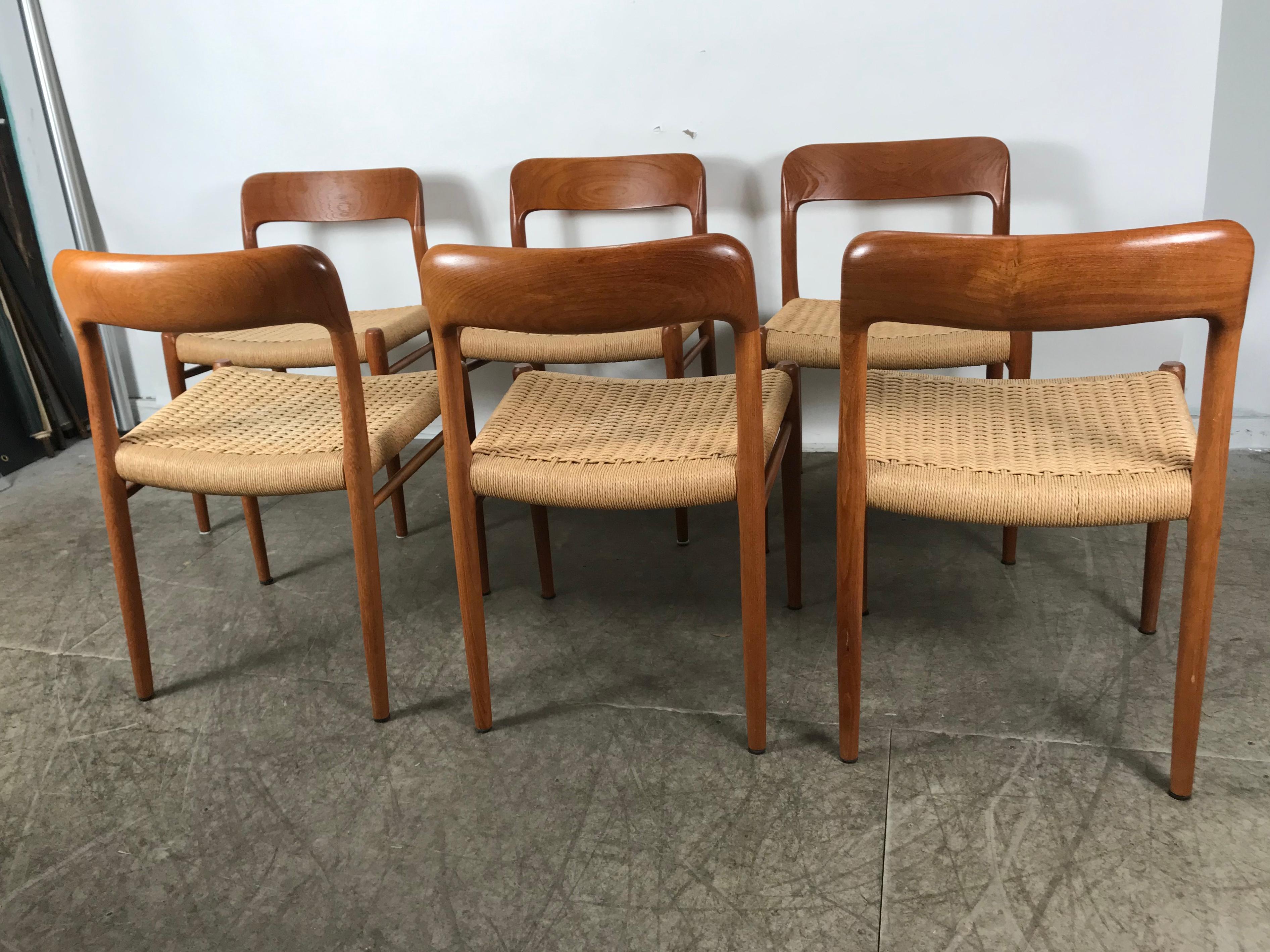 Classic Set 6 Teak and Cane Dining Chairs, Niels Moller Model 75, Denmark 1