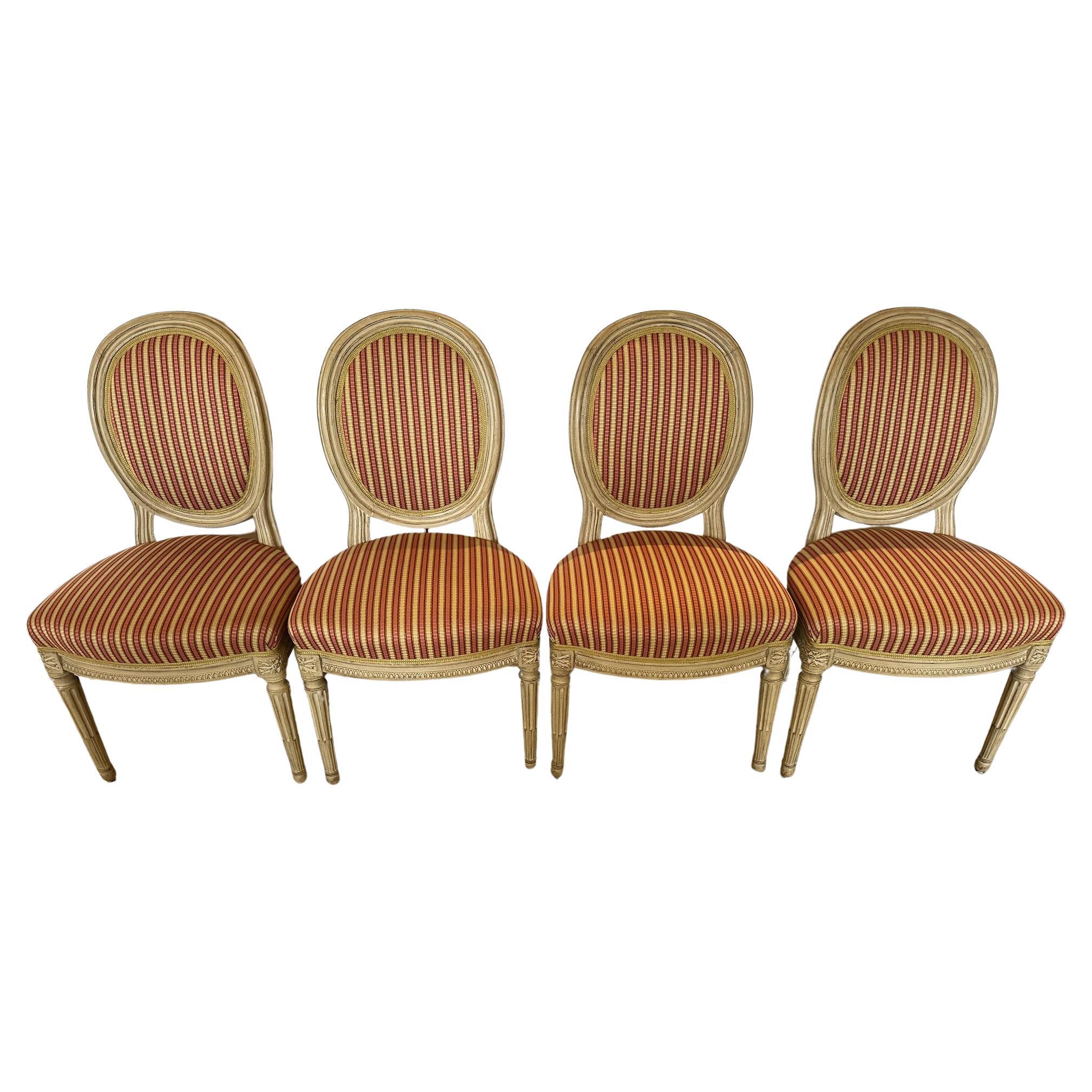 Classic Set of 4 French Louis XVI Carved Wood and Upholstered Dining Side Chairs