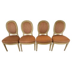 Classic Set of 4 French Louis XVI Carved Wood and Upholstered Dining Side Chairs