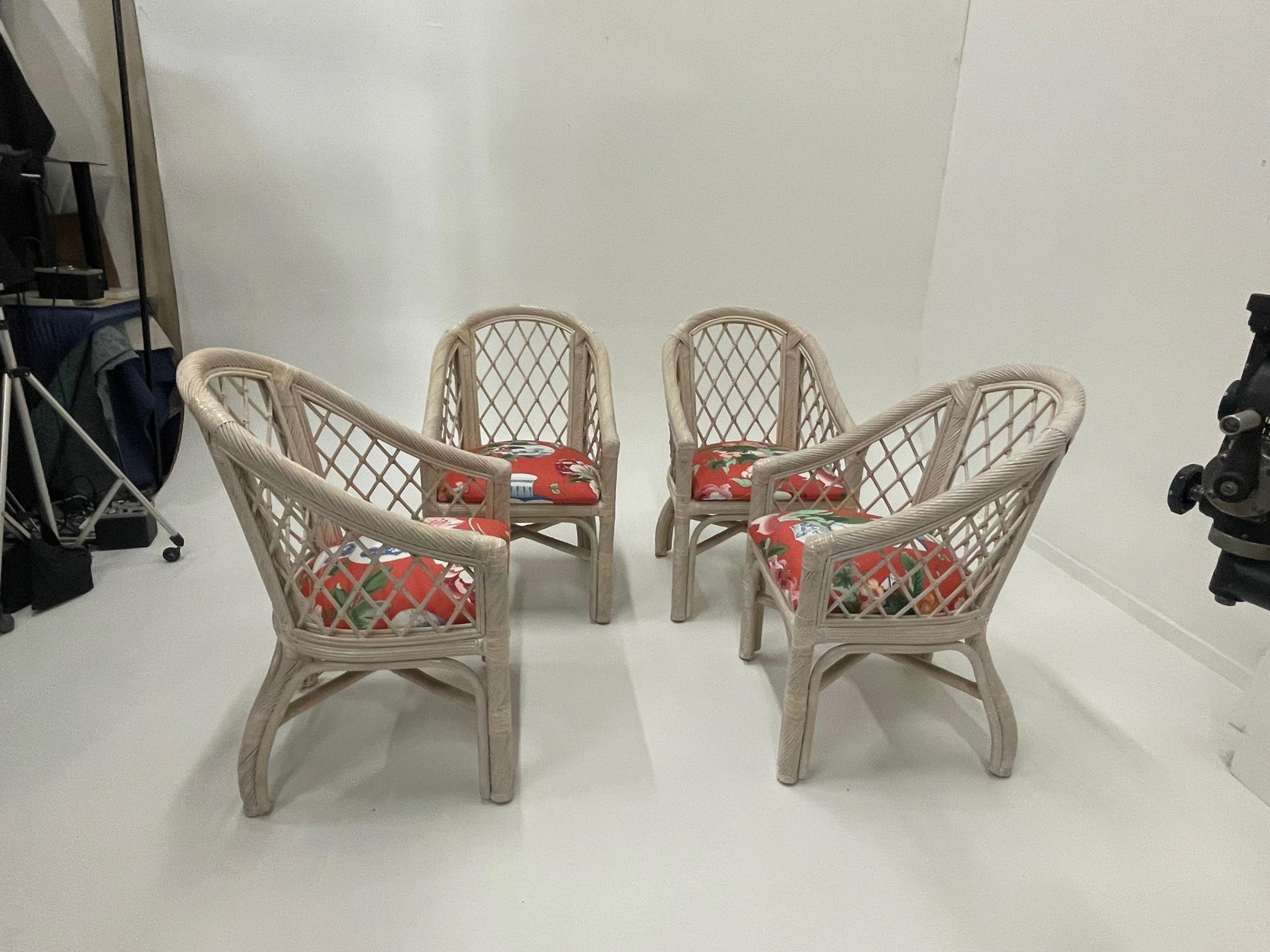 Organic Modern Classic Set of 4 McGuire Whitewashed Handcrafted Barrel Back Rattan Armchairs For Sale