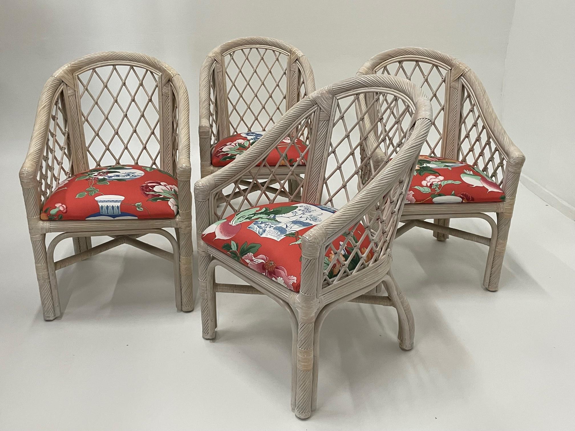 American Classic Set of 4 McGuire Whitewashed Handcrafted Barrel Back Rattan Armchairs For Sale