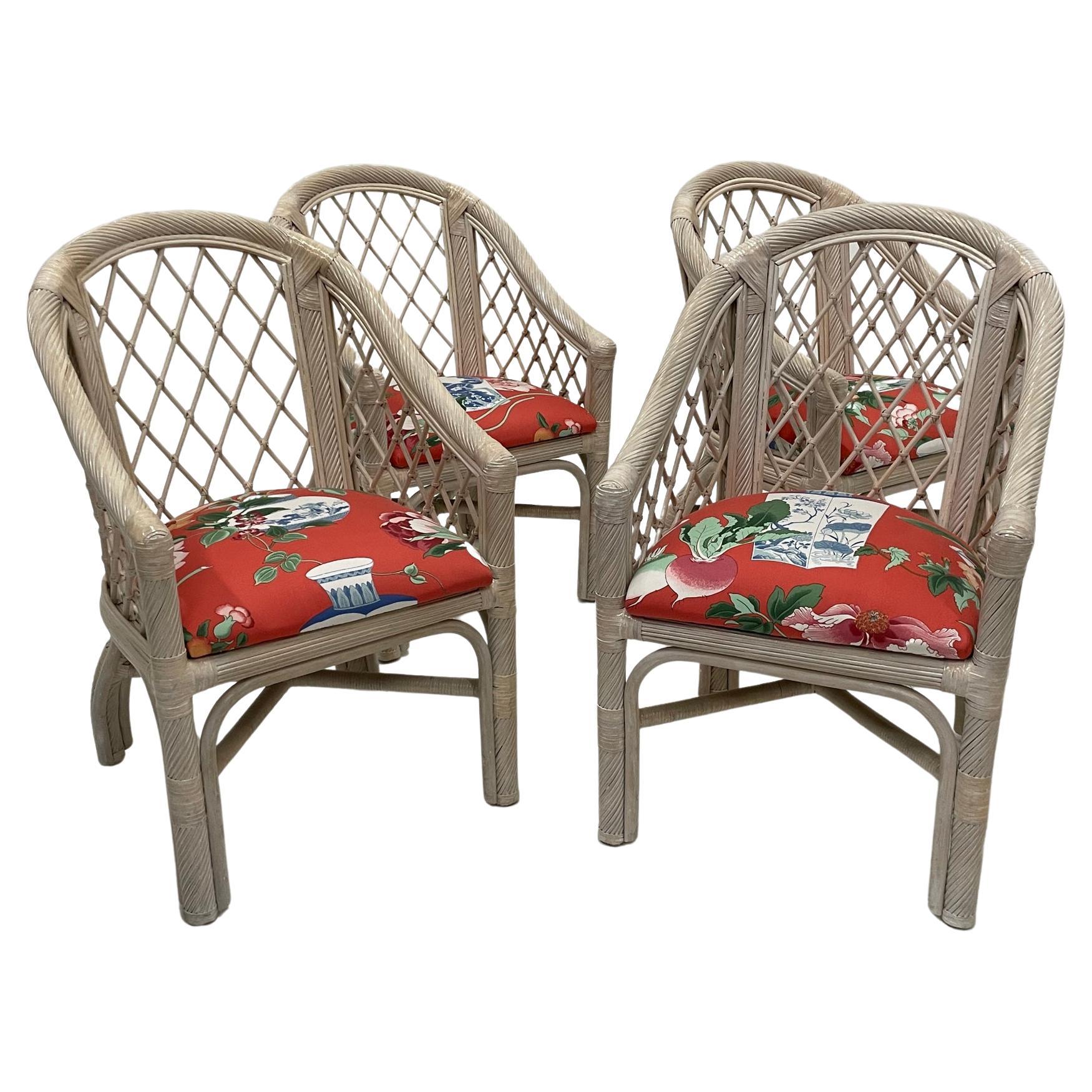 Classic Set of 4 McGuire Whitewashed Handcrafted Barrel Back Rattan Armchairs For Sale