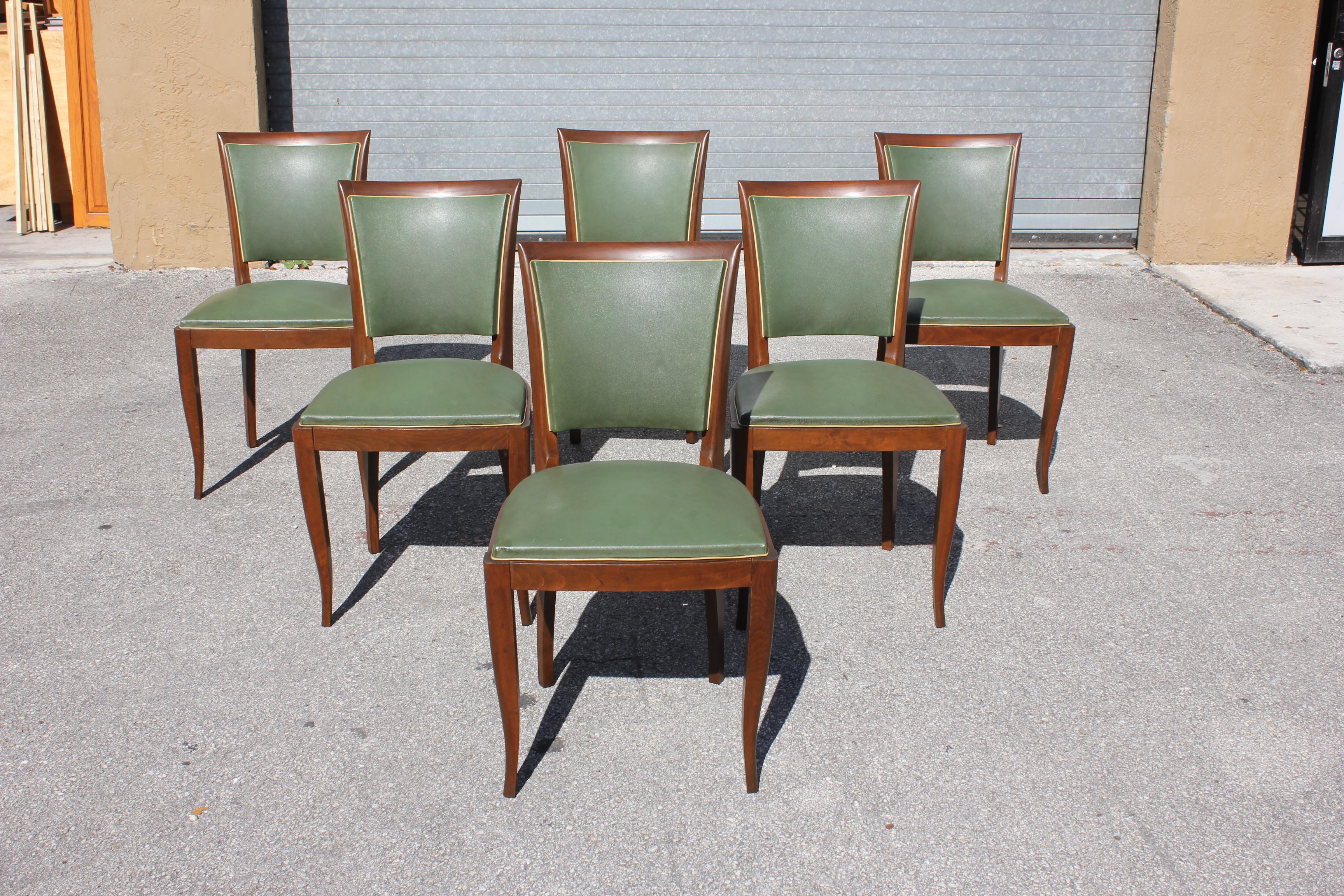 Classic set of six French Art Deco dining chairs solid Mahogany, the chair frames are in very good condition. (The Reupholstery is vinyl recommended to be change for all 6 dining chairs, but the vinyl is in correct condition original) the color of