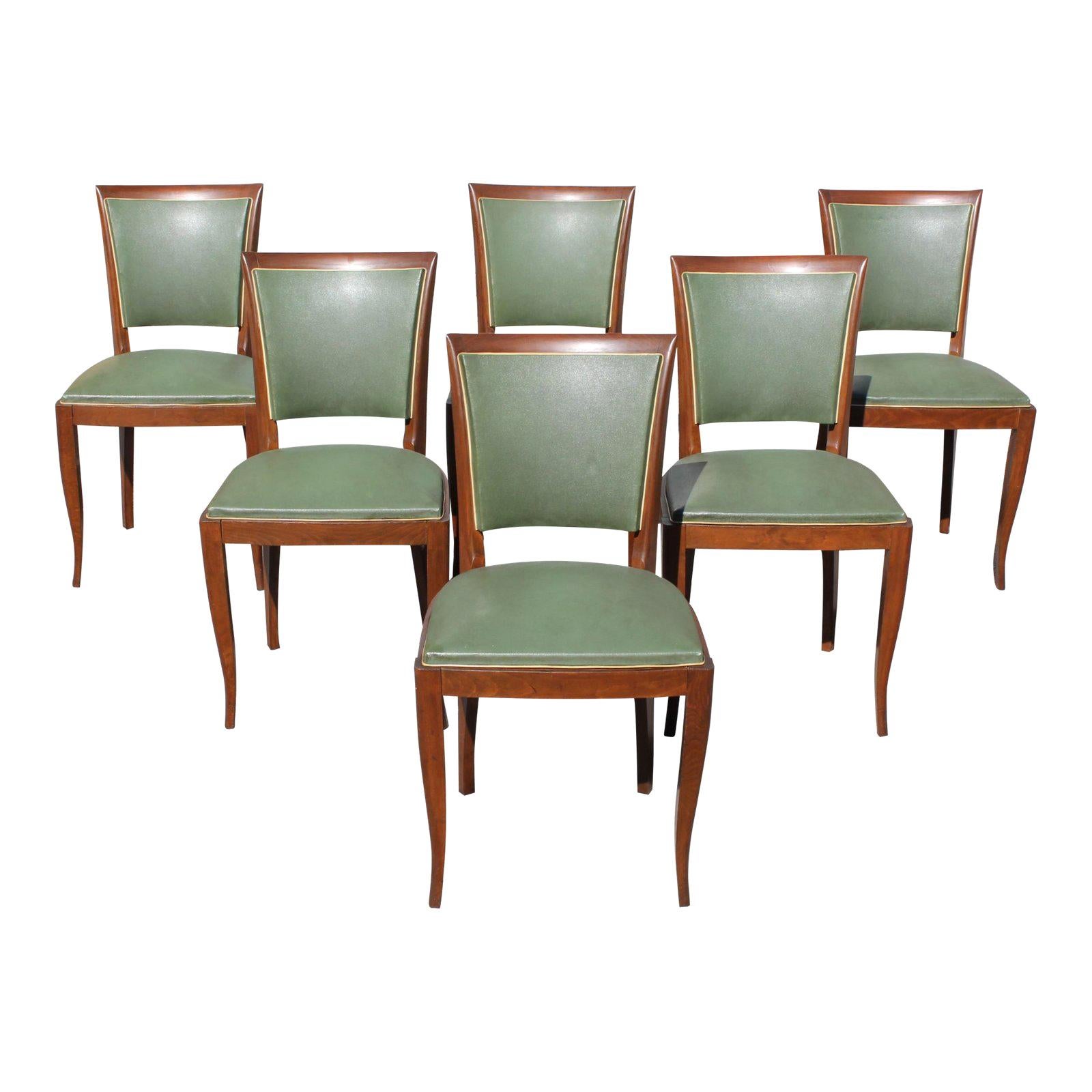 Classic Set of 6 French Art Deco Solid Mahogany Dining Chairs, circa 1940s