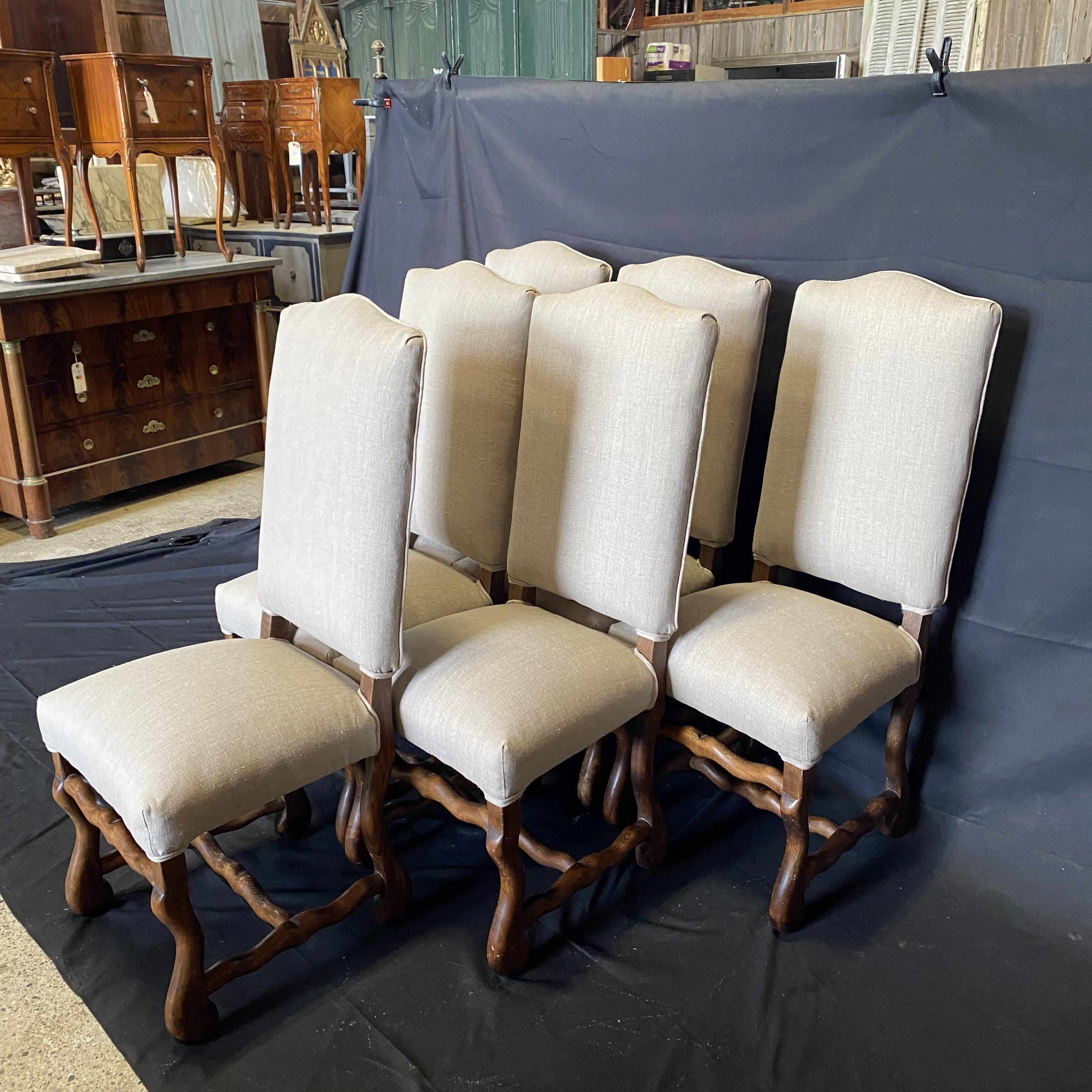Linen Classic Set of Six Vintage French Walnut Os de Mouton Dining Side Chairs