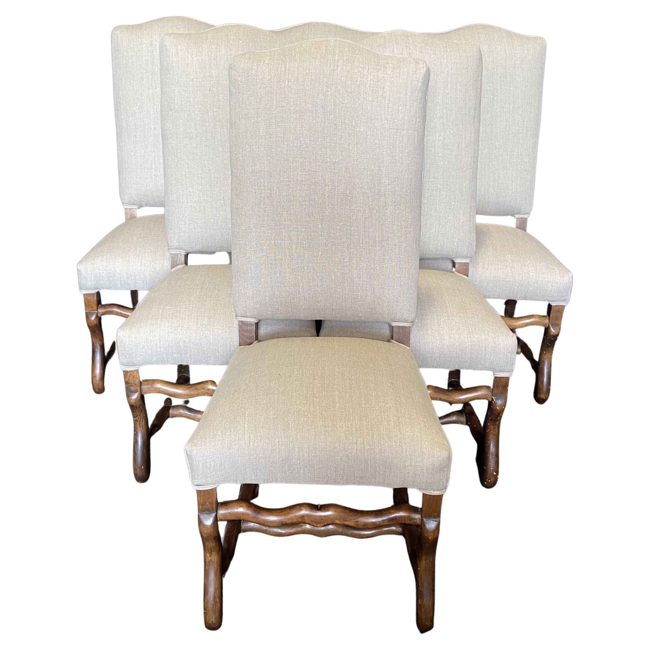 Classic Set of Six Vintage French Walnut Os de Mouton Dining Side Chairs