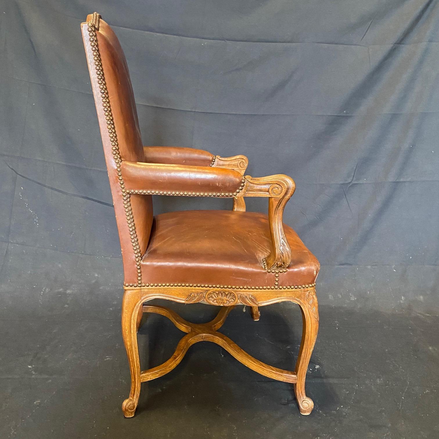 Classic Set of Three French Carved Wood and Leather Bergere Arm Chairs For Sale 5