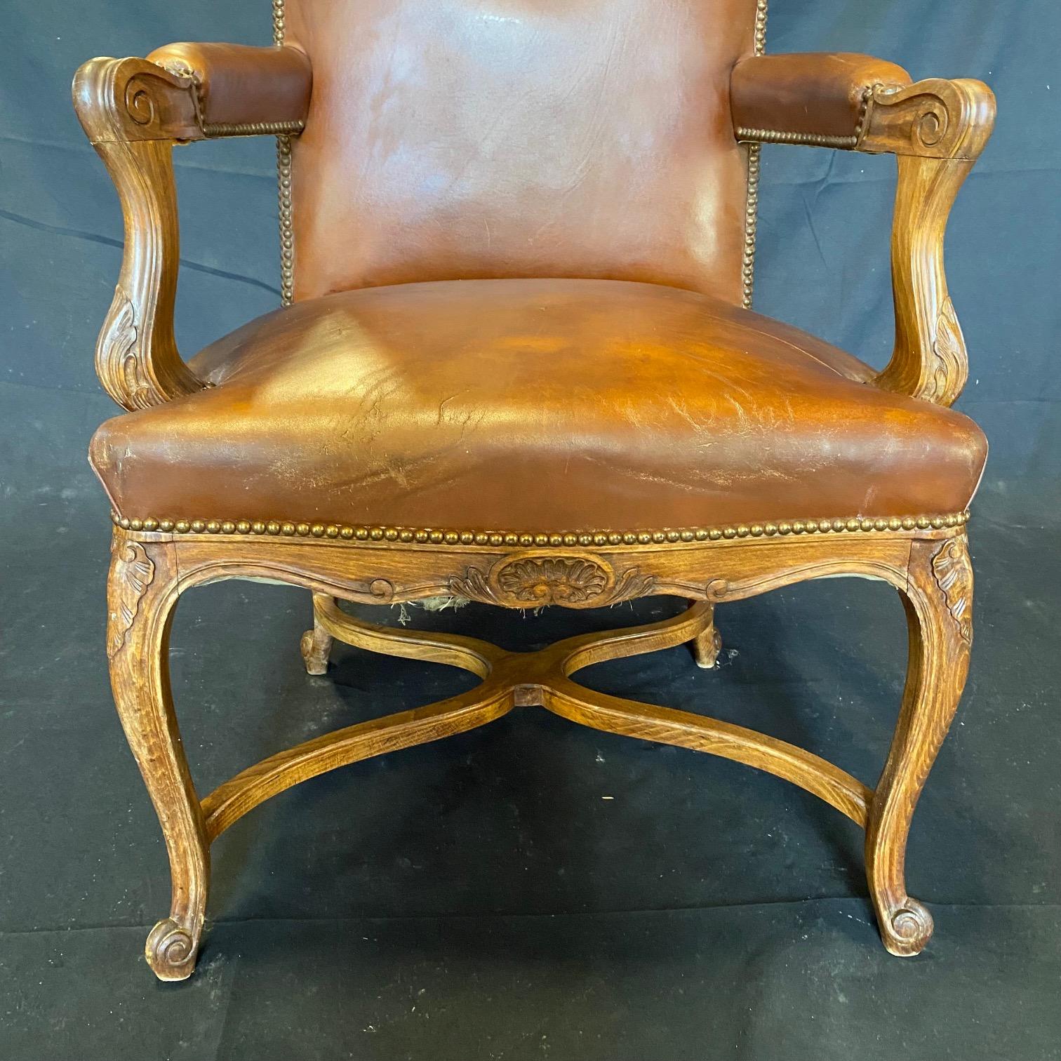 Classic Set of Three French Carved Wood and Leather Bergere Arm Chairs For Sale 6