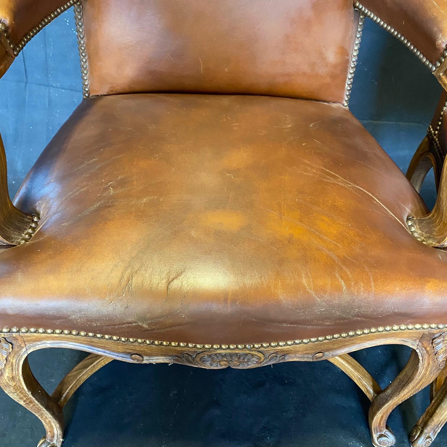 Classic Set of Three French Carved Wood and Leather Bergere Arm Chairs For Sale 4