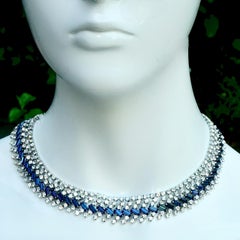 Classic Silver Tone Necklace with Clear and Mid Blue Rhinestones