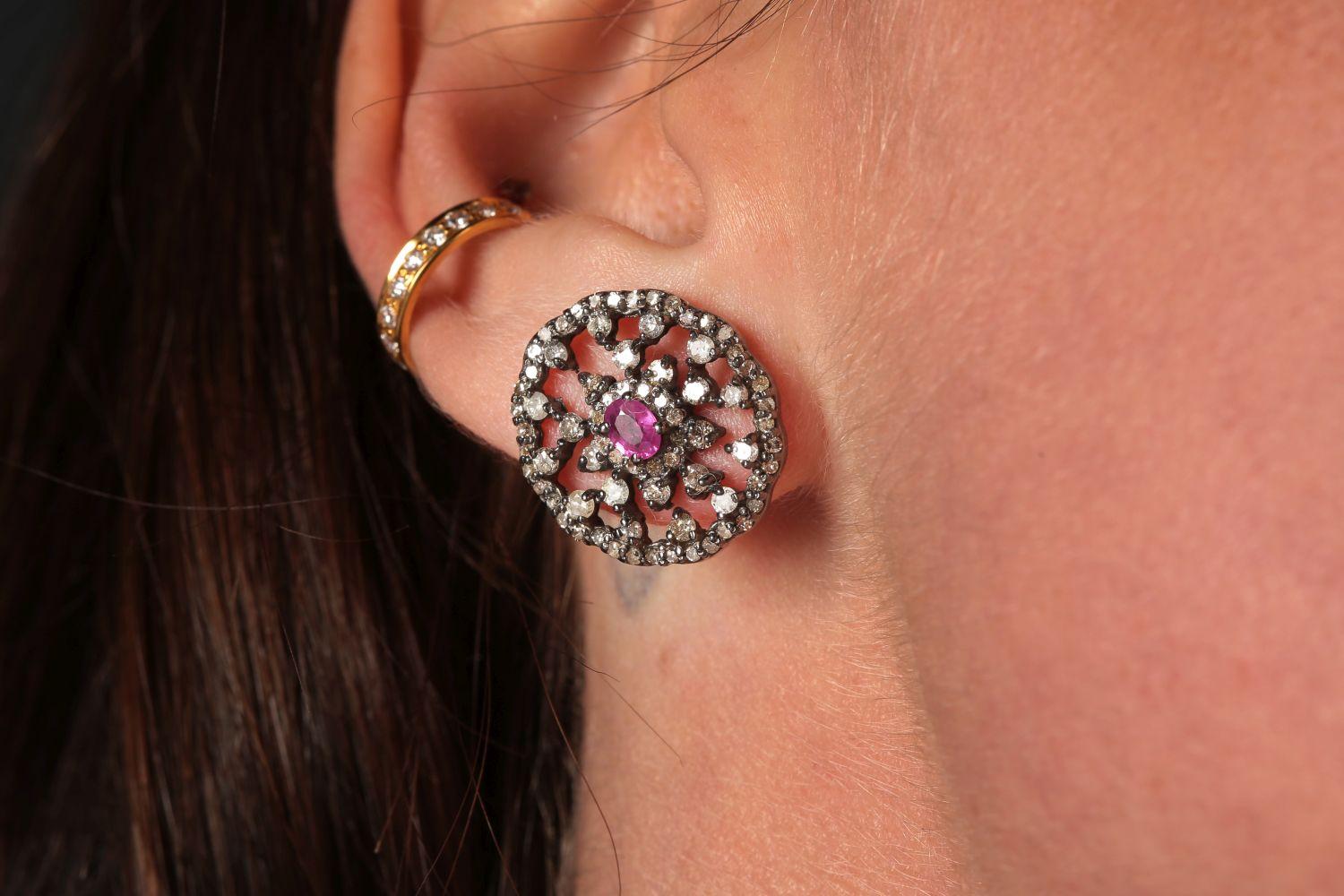 Classic Simple Ruby & Diamond Stud Earrings In New Condition In London, W1U 2JG