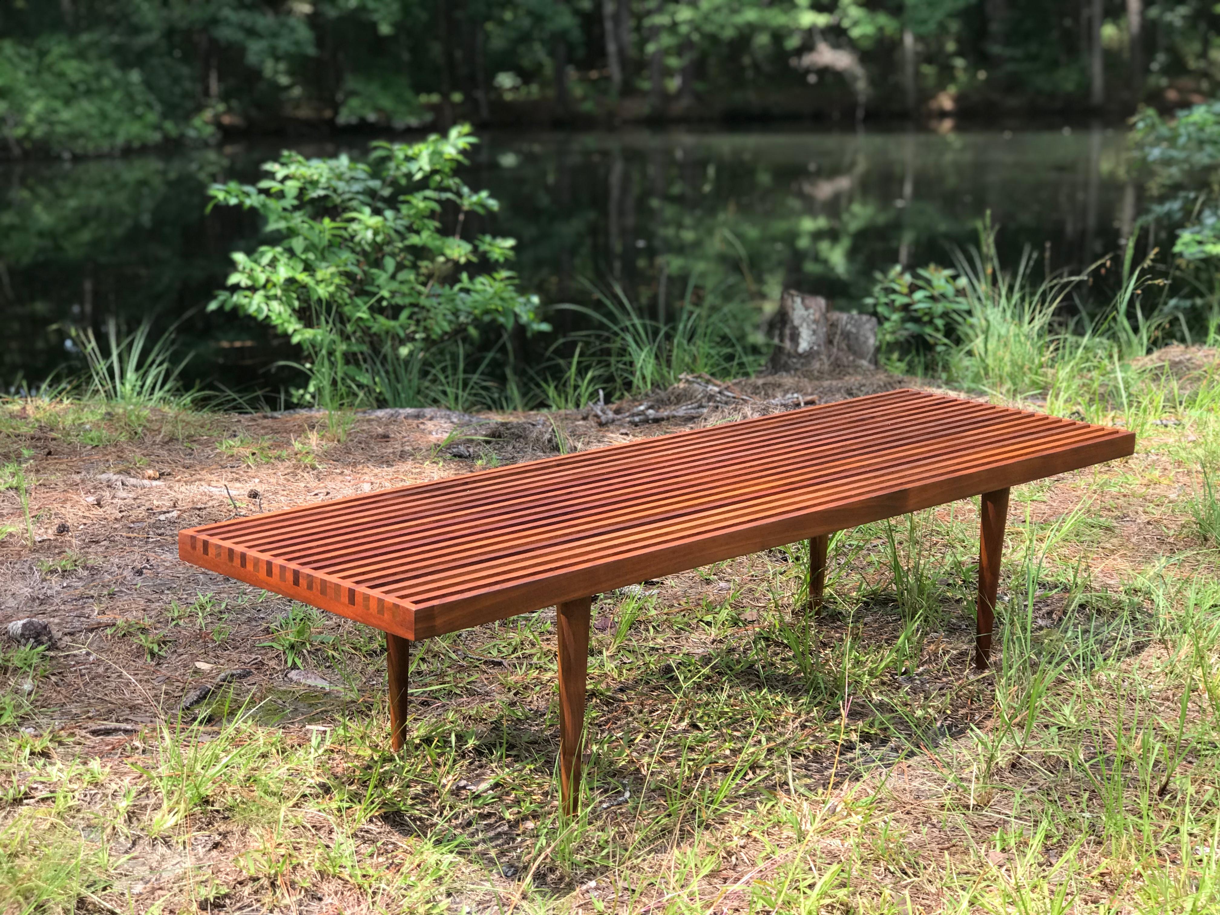 Excellent slat bench by Mel Smilow for Smilow-Thielle Furniture; 1950's. I love these slat benches - the finger joints on each end are an eye-catching detail, along with the joinery at the corners. I refinished this using oil and it turned out