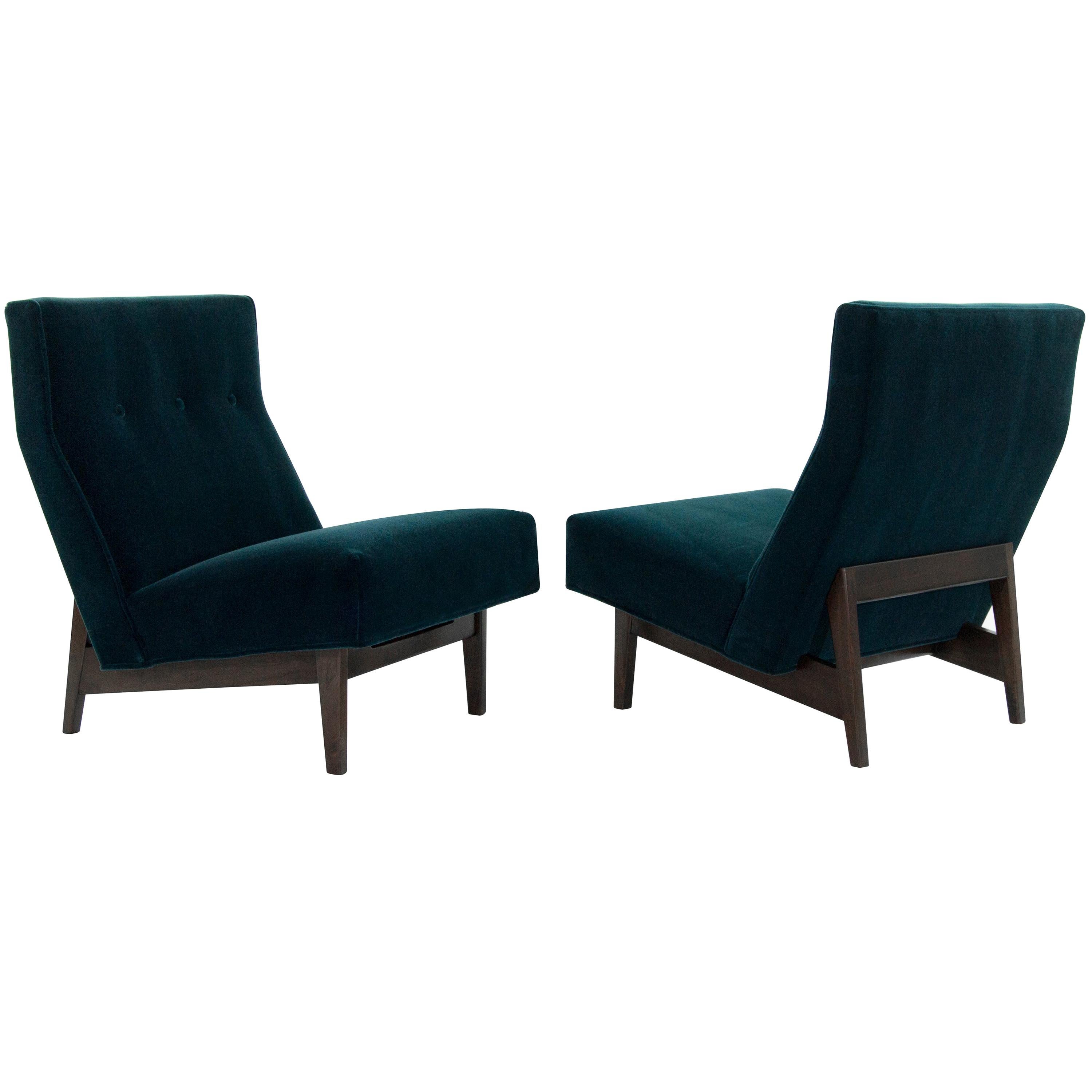Classic Slipper Chairs by Jens Risom in Teal Mohair, circa 1950s