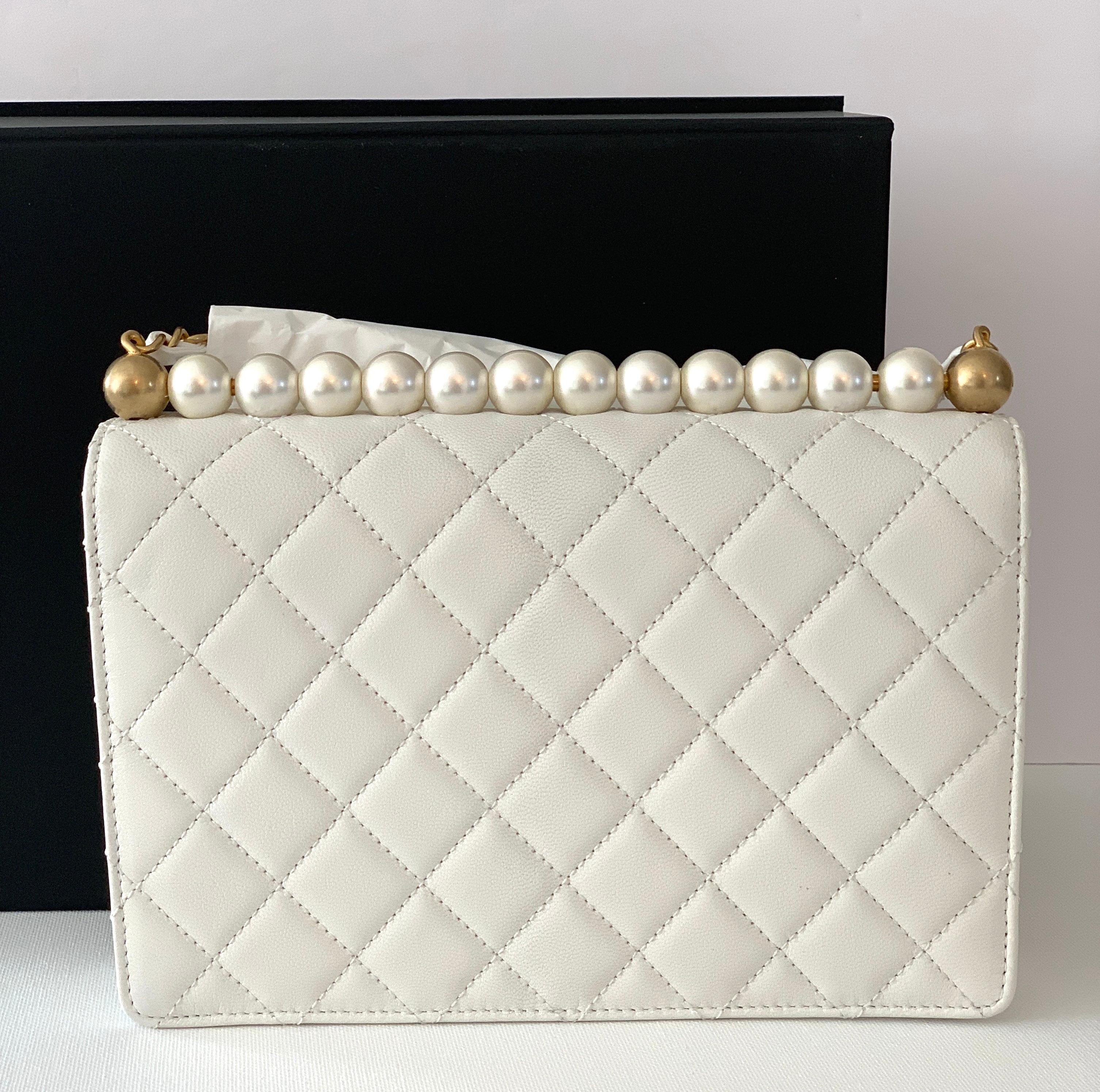 Women's or Men's Classic Small Flapbag Pearls Brush Gold White Goat Leather Shoulder Bag