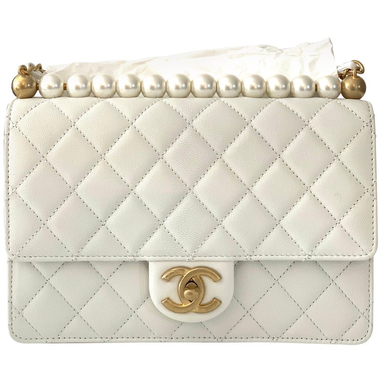 Classic Small Flapbag Pearls Brush Gold White Goat Leather Shoulder Bag at  1stDibs