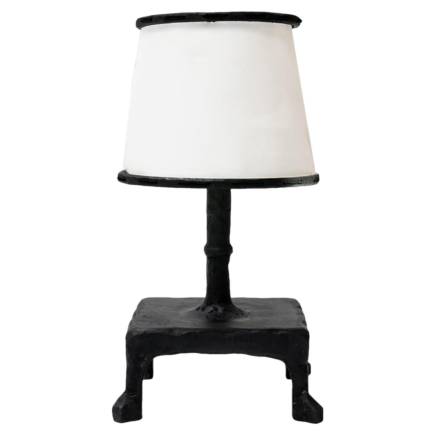 Table Lamp Classic Small Modern Hand-Sculpted Blackened Steel & Linen Shade For Sale