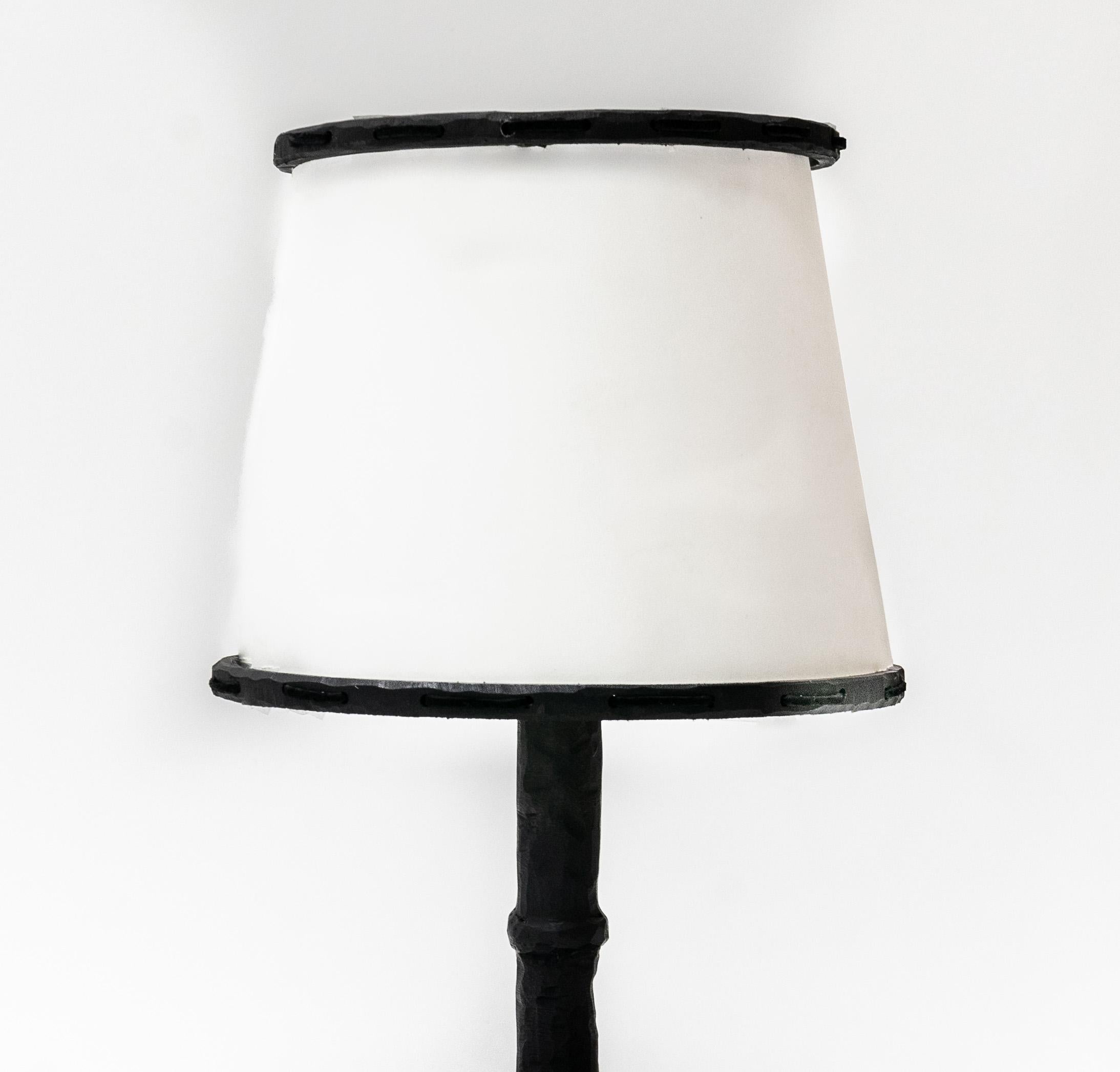 American Table Lamp Classic Small Modern Hand-Sculpted Blackened Steel & Linen Shade For Sale