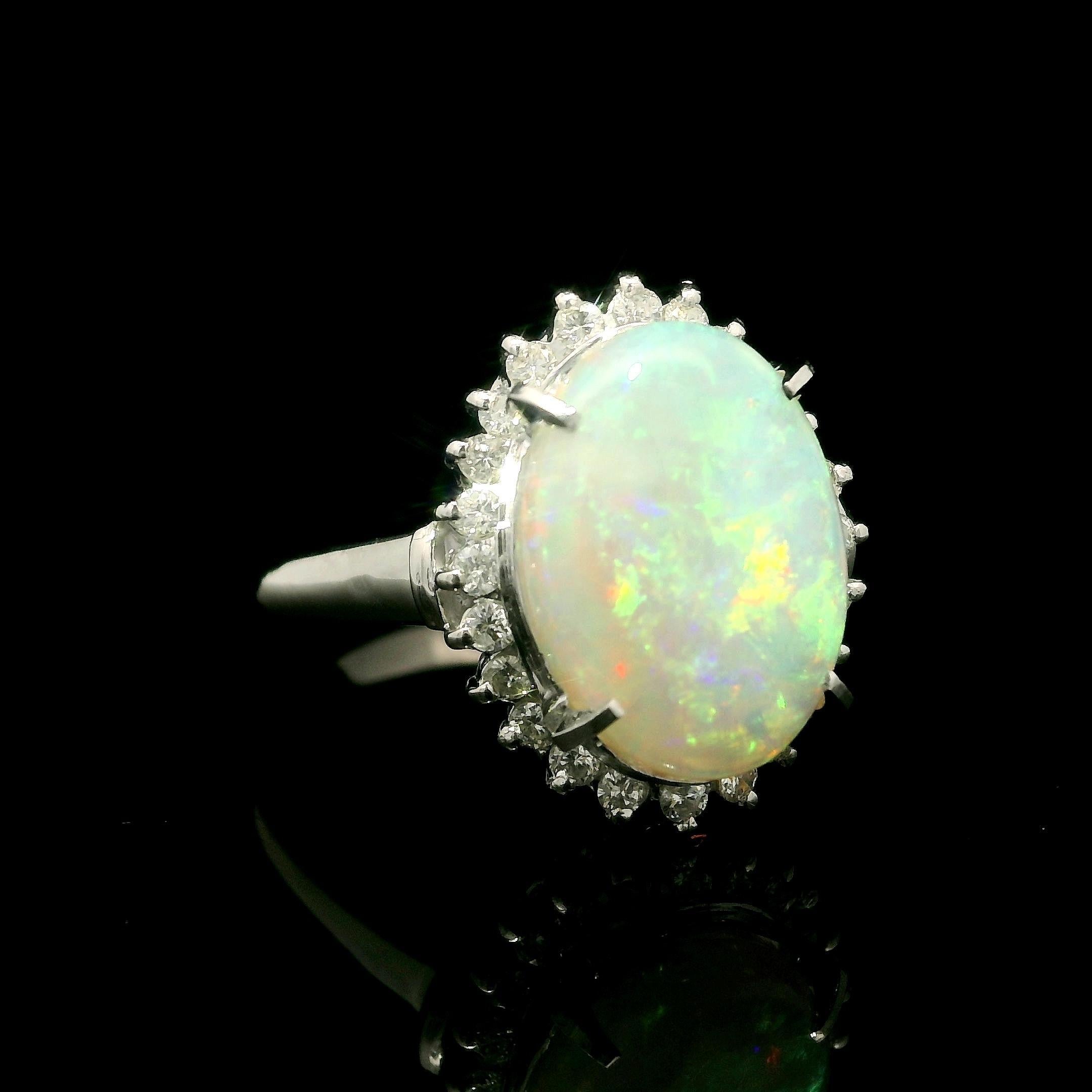Classic Solid Platinum 3.31ctw Oval Cabochon Opal Diamond Halo Right Hand Ring For Sale 6