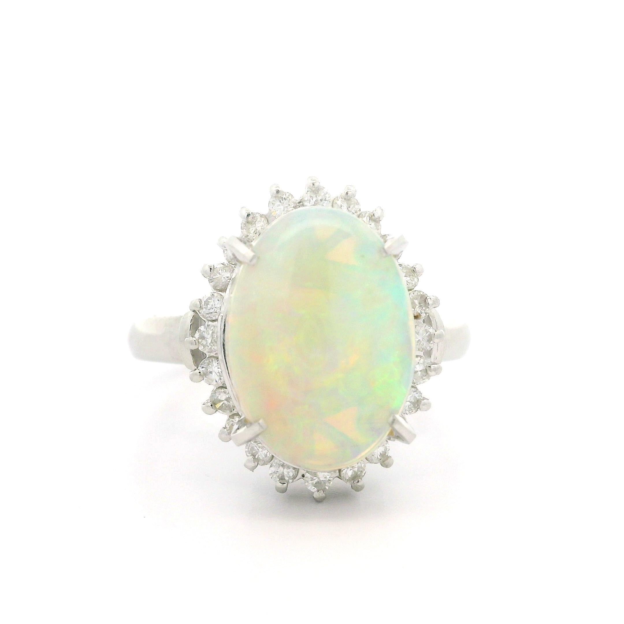 Classic Solid Platinum 3.31ctw Oval Cabochon Opal Diamond Halo Right Hand Ring For Sale 7