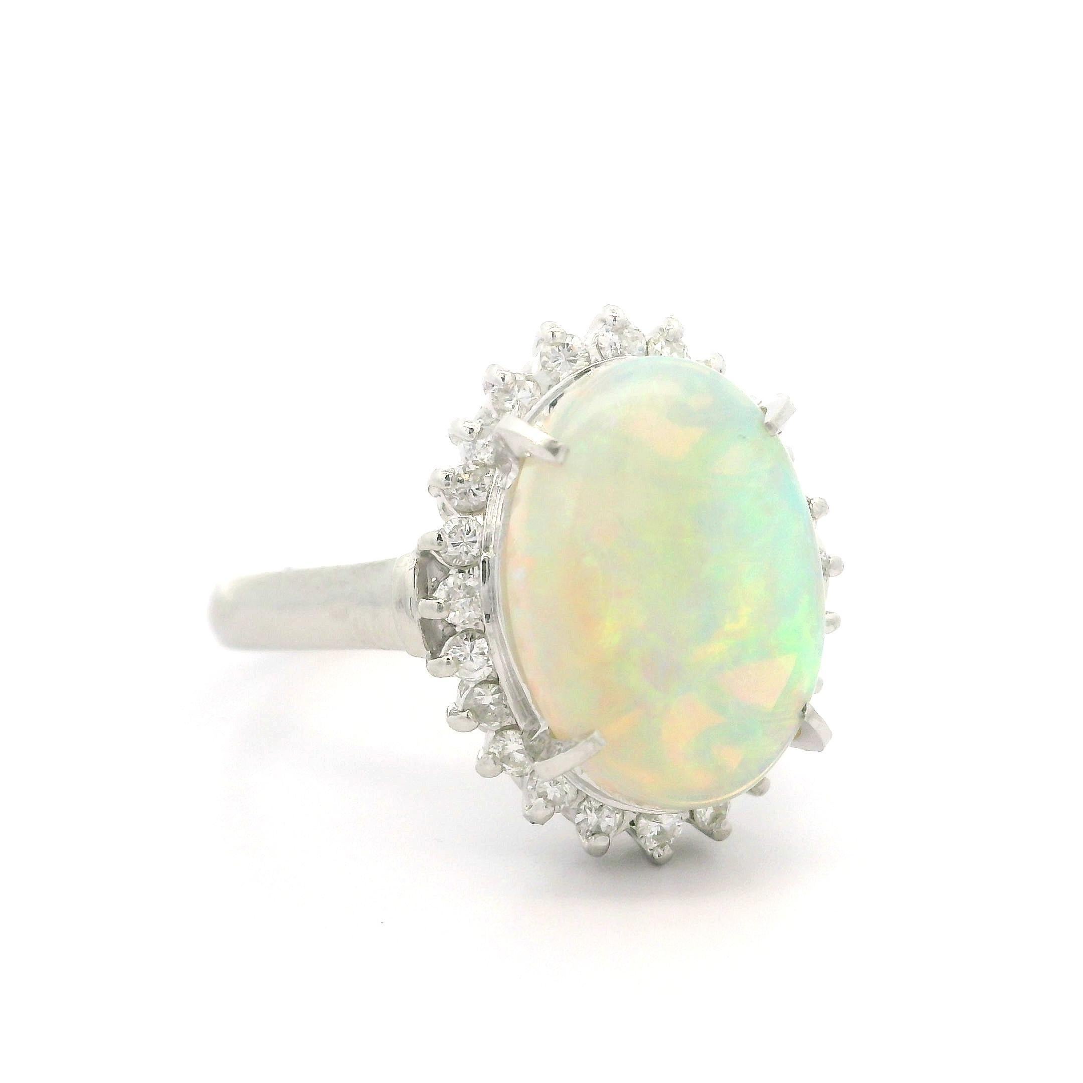 Classic Solid Platinum 3.31ctw Oval Cabochon Opal Diamond Halo Right Hand Ring For Sale 8