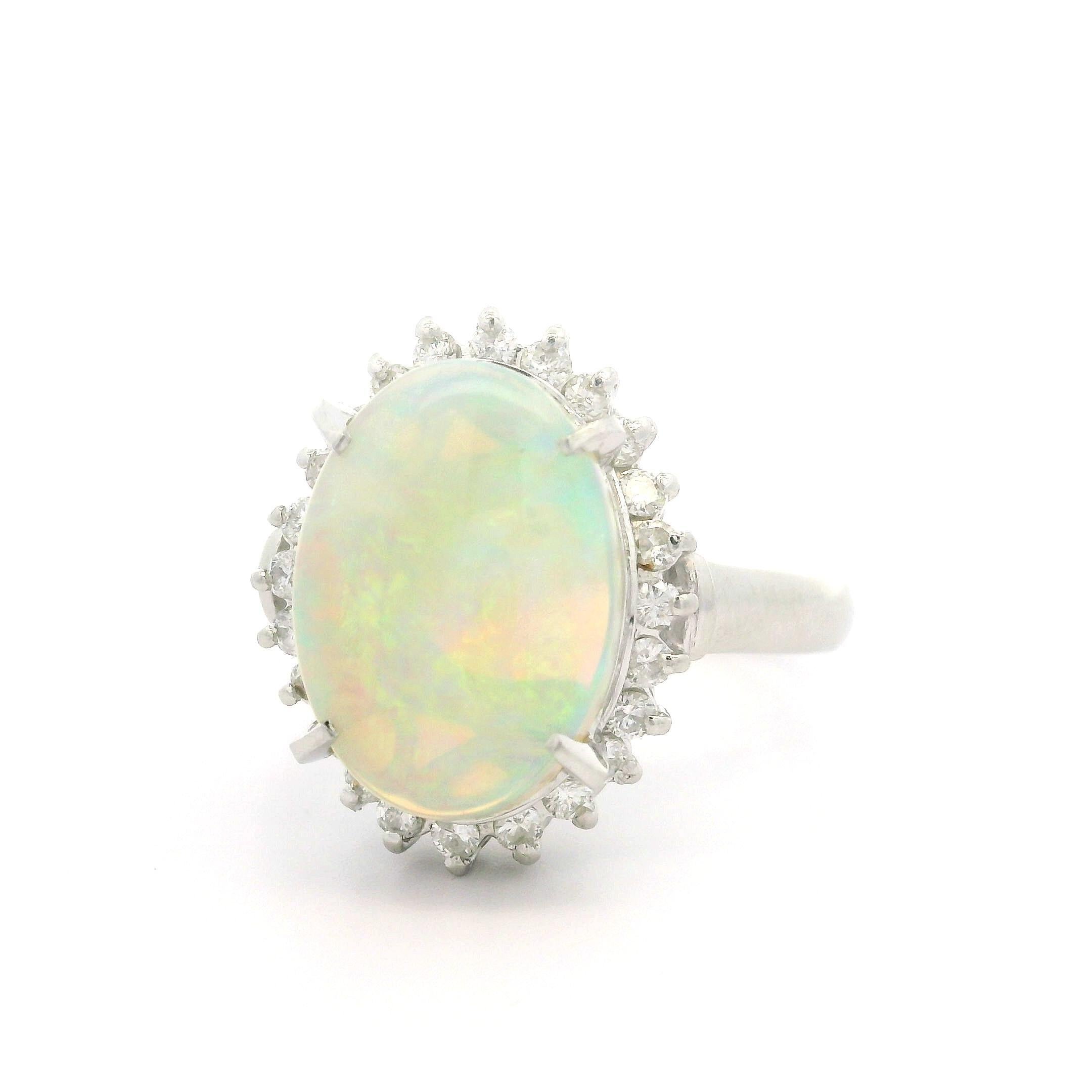 Classic Solid Platinum 3.31ctw Oval Cabochon Opal Diamond Halo Right Hand Ring For Sale 9
