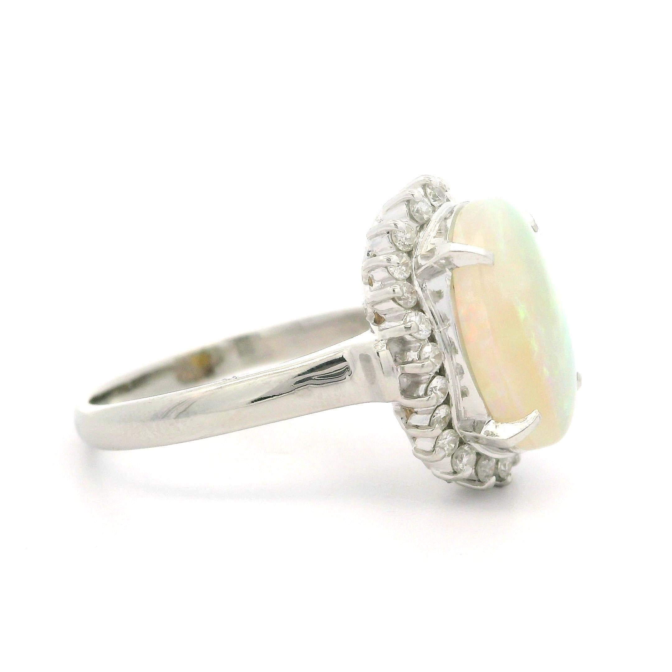 Classic Solid Platinum 3.31ctw Oval Cabochon Opal Diamond Halo Right Hand Ring For Sale 10