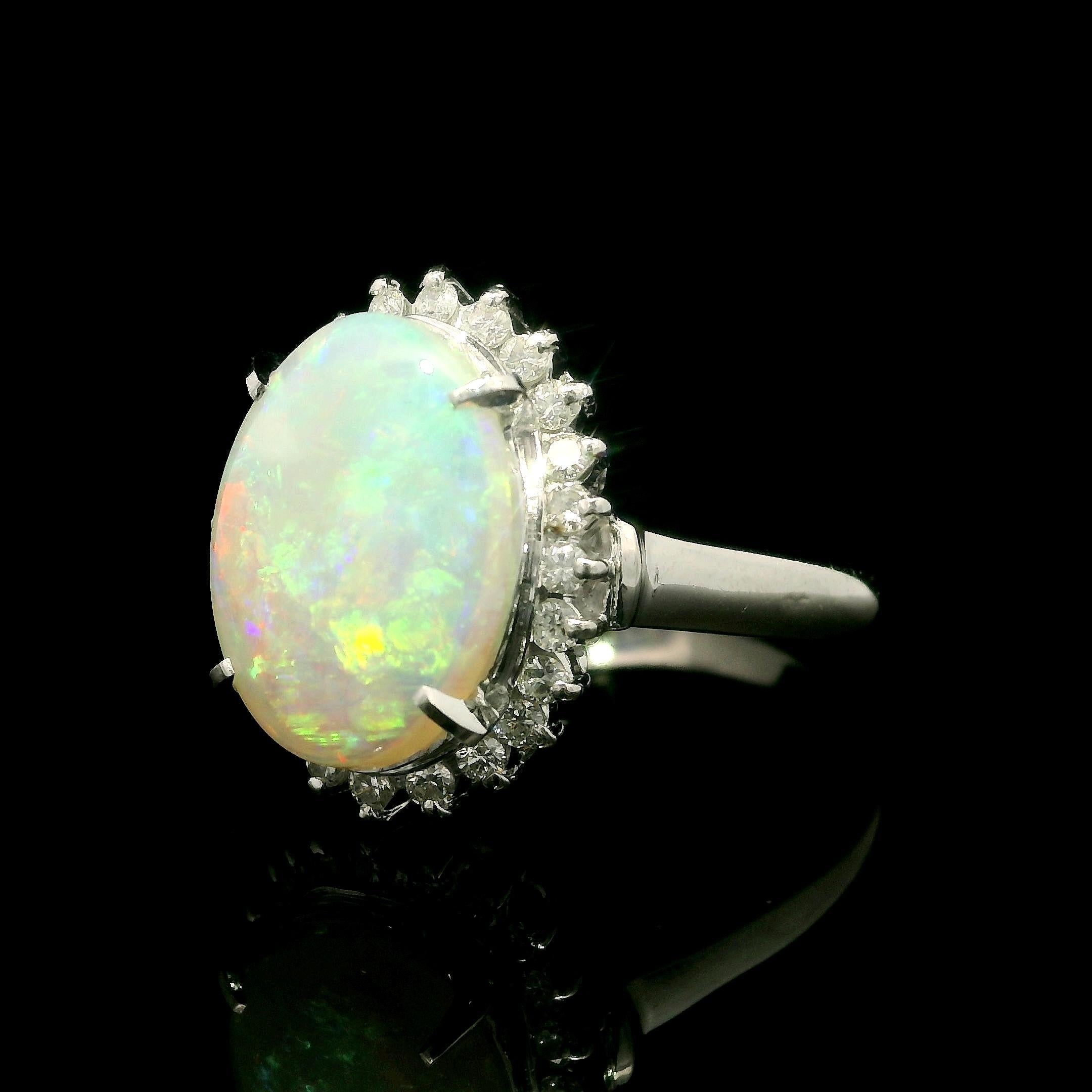 Classic Solid Platinum 3.31ctw Oval Cabochon Opal Diamond Halo Right Hand Ring In Excellent Condition For Sale In Montclair, NJ