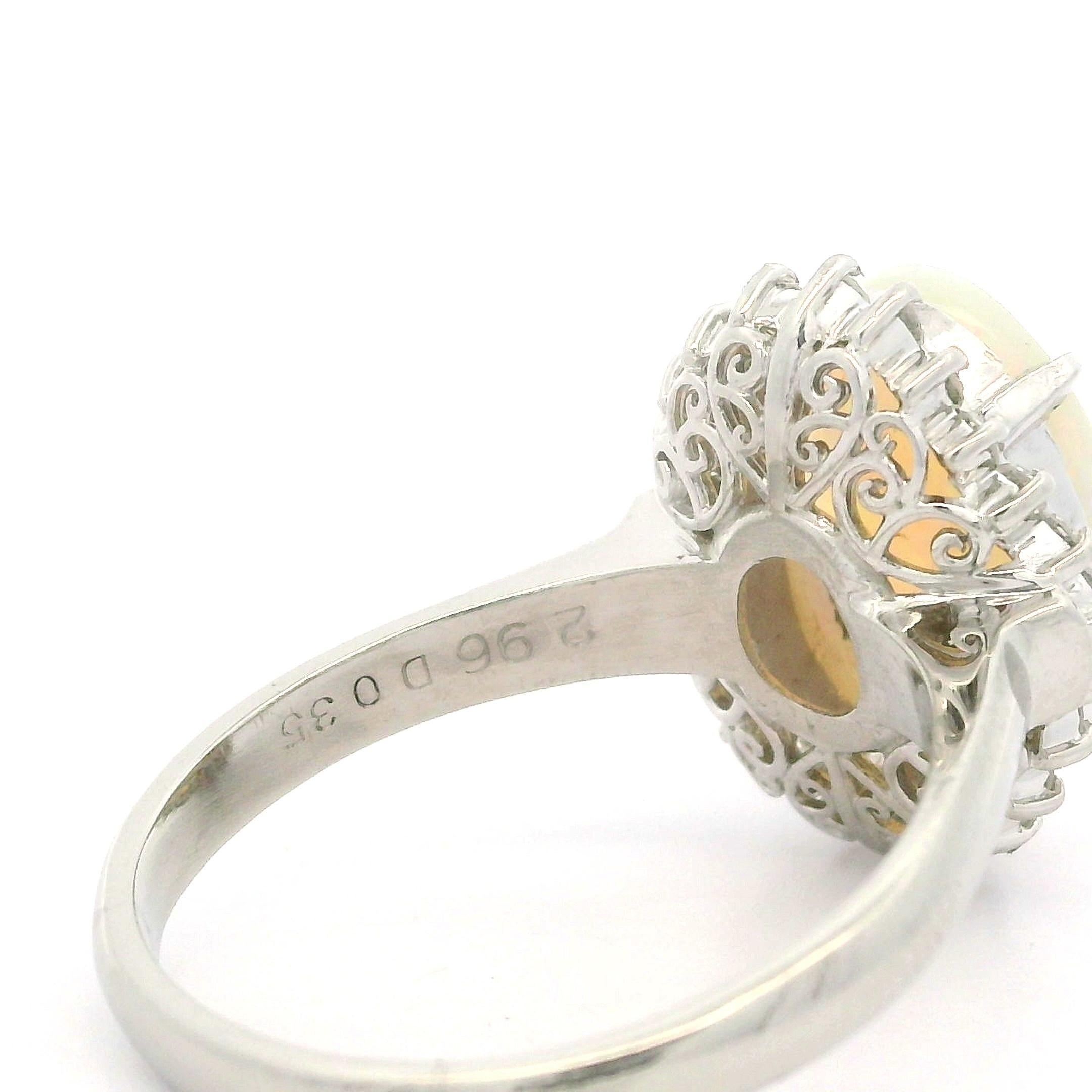 Classic Solid Platinum 3.31ctw Oval Cabochon Opal Diamond Halo Right Hand Ring For Sale 2