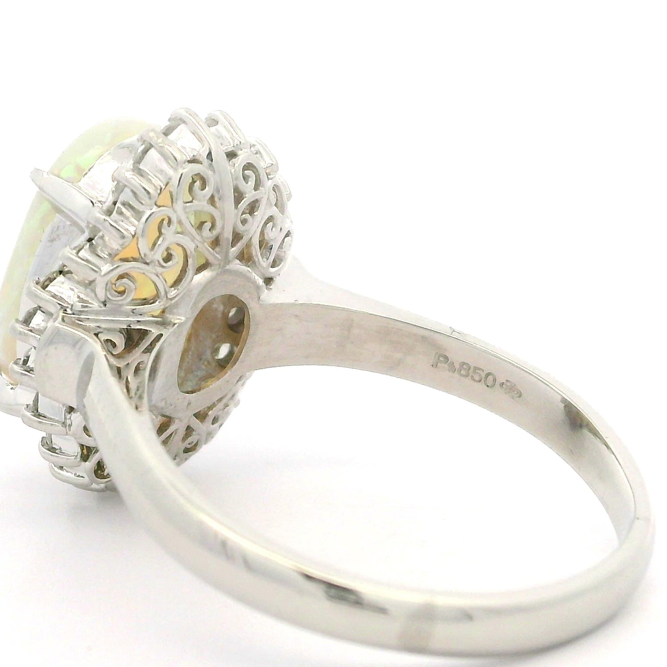Classic Solid Platinum 3.31ctw Oval Cabochon Opal Diamond Halo Right Hand Ring For Sale 3