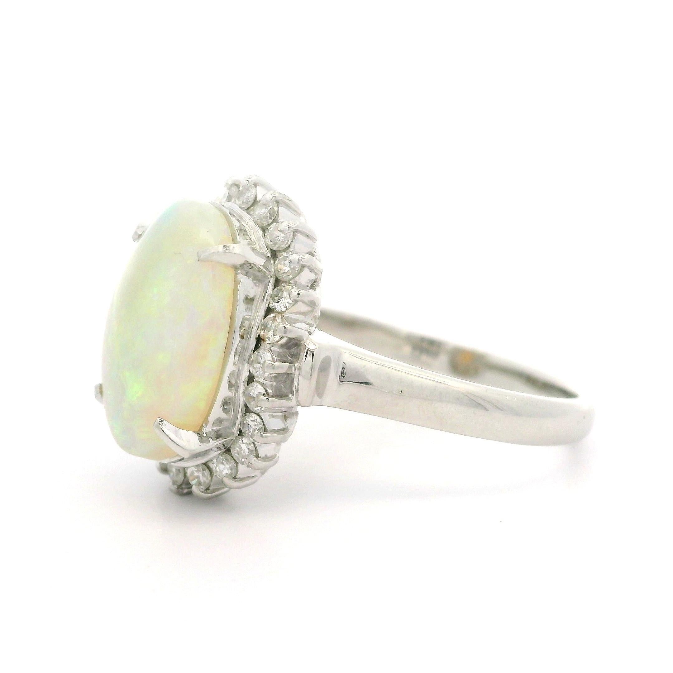 Classic Solid Platinum 3.31ctw Oval Cabochon Opal Diamond Halo Right Hand Ring For Sale 4