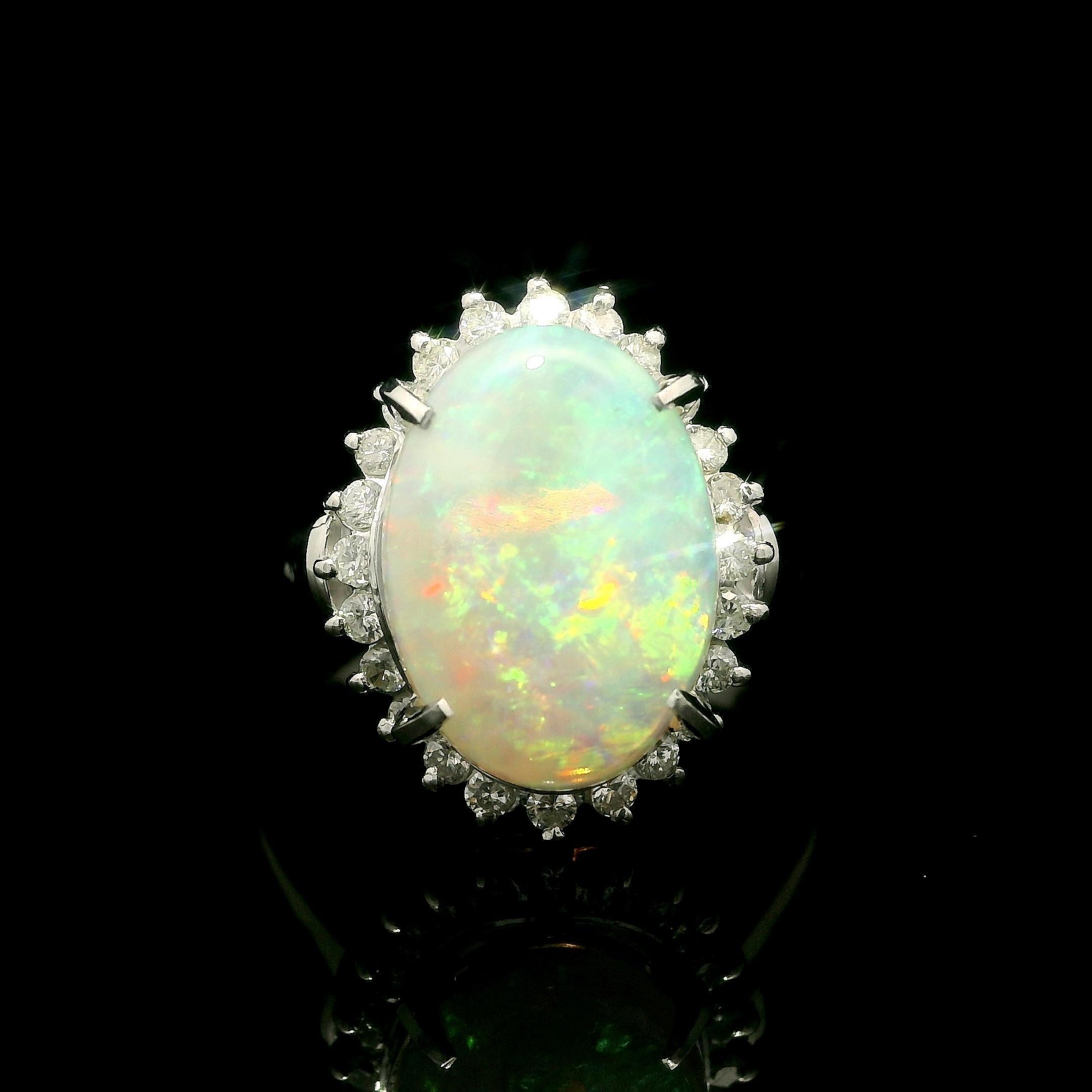 Classic Solid Platinum 3.31ctw Oval Cabochon Opal Diamond Halo Right Hand Ring For Sale 5