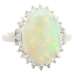 Classic Solid Platinum 3.31ctw Oval Cabochon Opal Diamond Halo Right Hand Ring