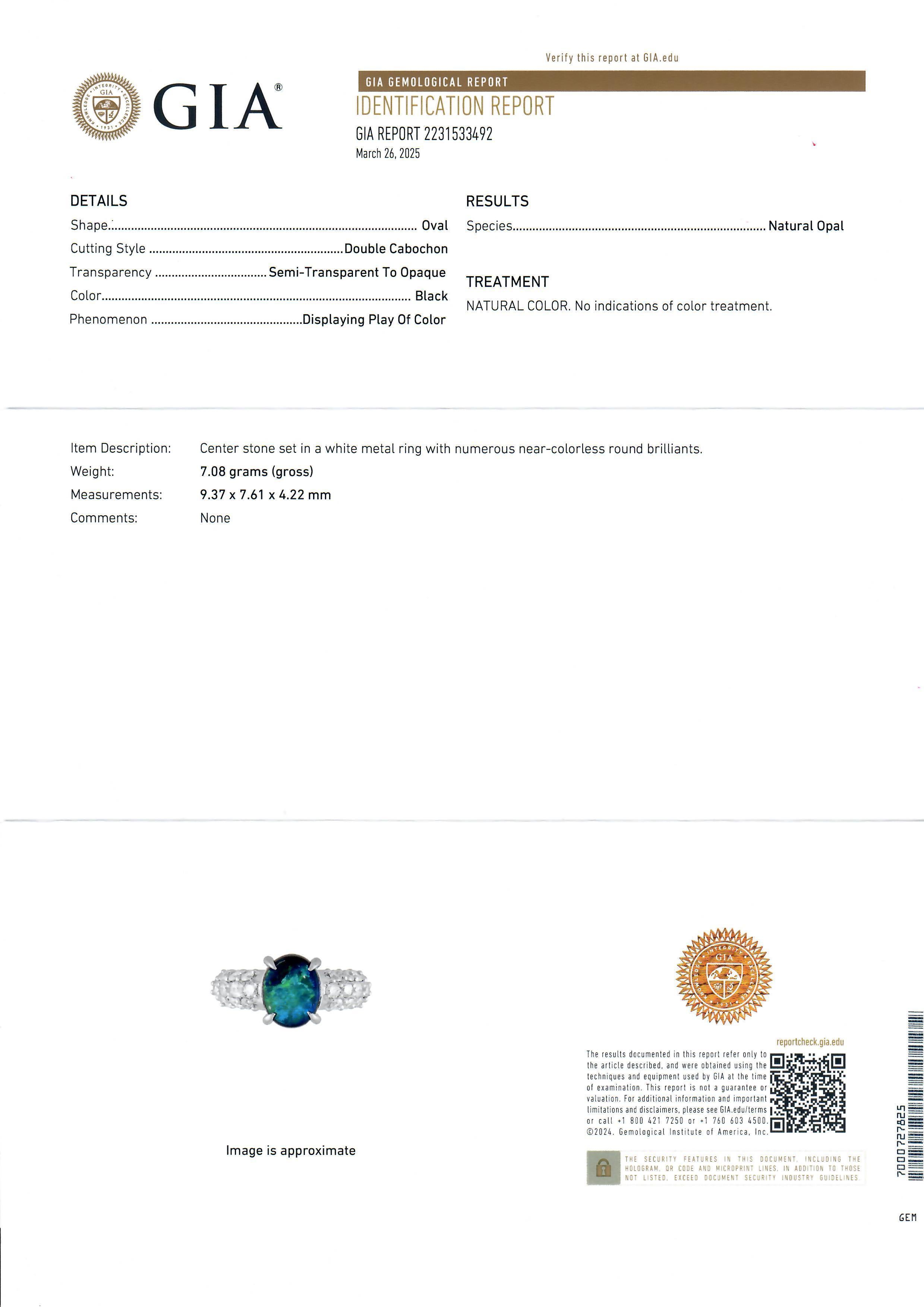 --Stone(s):--
(1) Natural Genuine Opal - Oval Cabochon Cut - Prong Set - Black Color w/ Amazing Play of Green & Blue Color - 9.37 x 7.61 x 4.22mm / 2.01ct (exact - stamped)
**See Certification Details Below For More Info**
(20) Natural Genuine