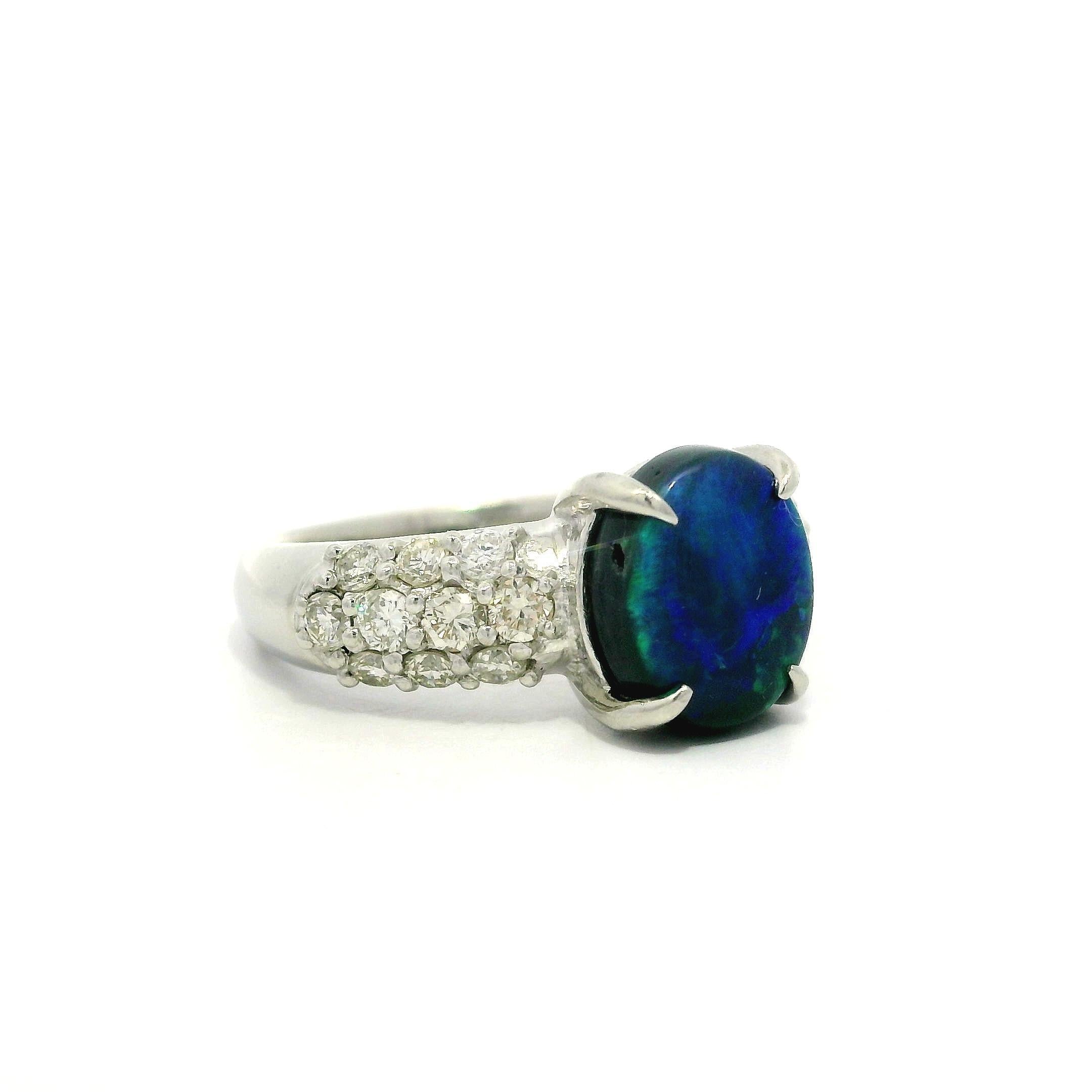 Women's Classic Solid Platinum GIA 3.01ctw Oval Cabochon Black Opal & Pave Diamond Ring For Sale