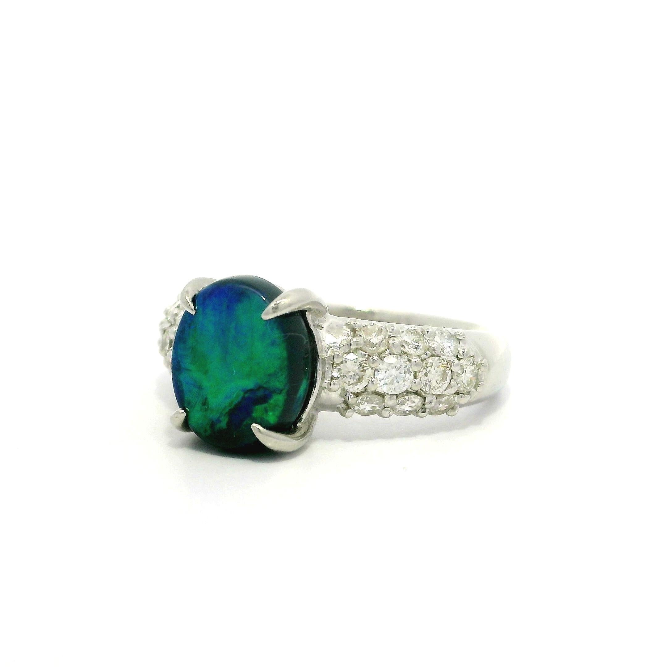 Classic Solid Platinum GIA 3.01ctw Oval Cabochon Black Opal & Pave Diamond Ring For Sale 1