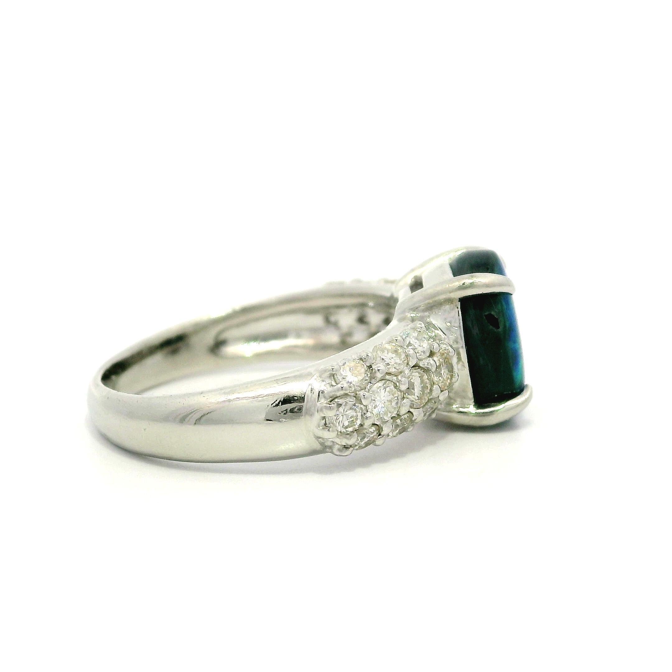 Classic Solid Platinum GIA 3.01ctw Oval Cabochon Black Opal & Pave Diamond Ring For Sale 3