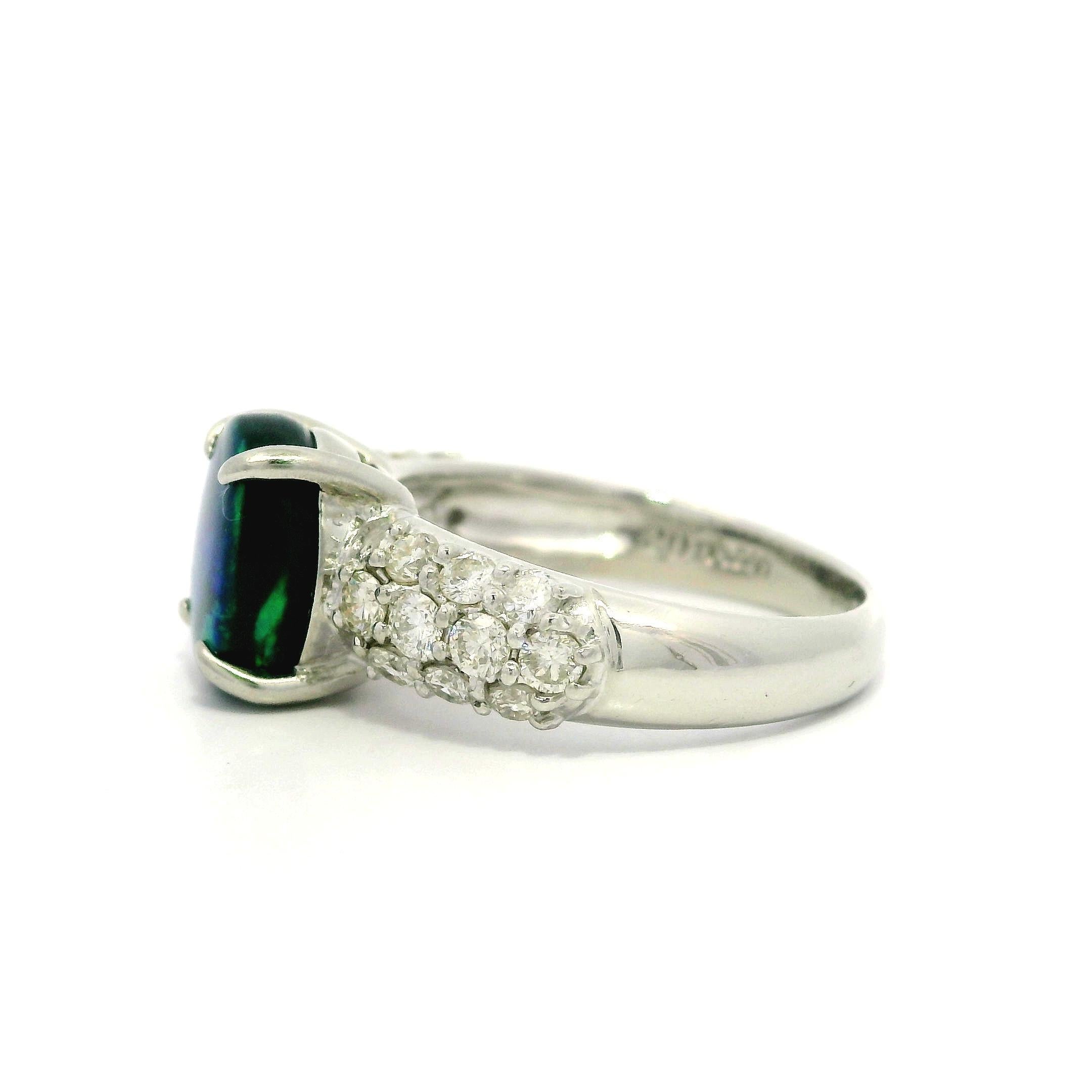 Classic Solid Platinum GIA 3.01ctw Oval Cabochon Black Opal & Pave Diamond Ring For Sale 4
