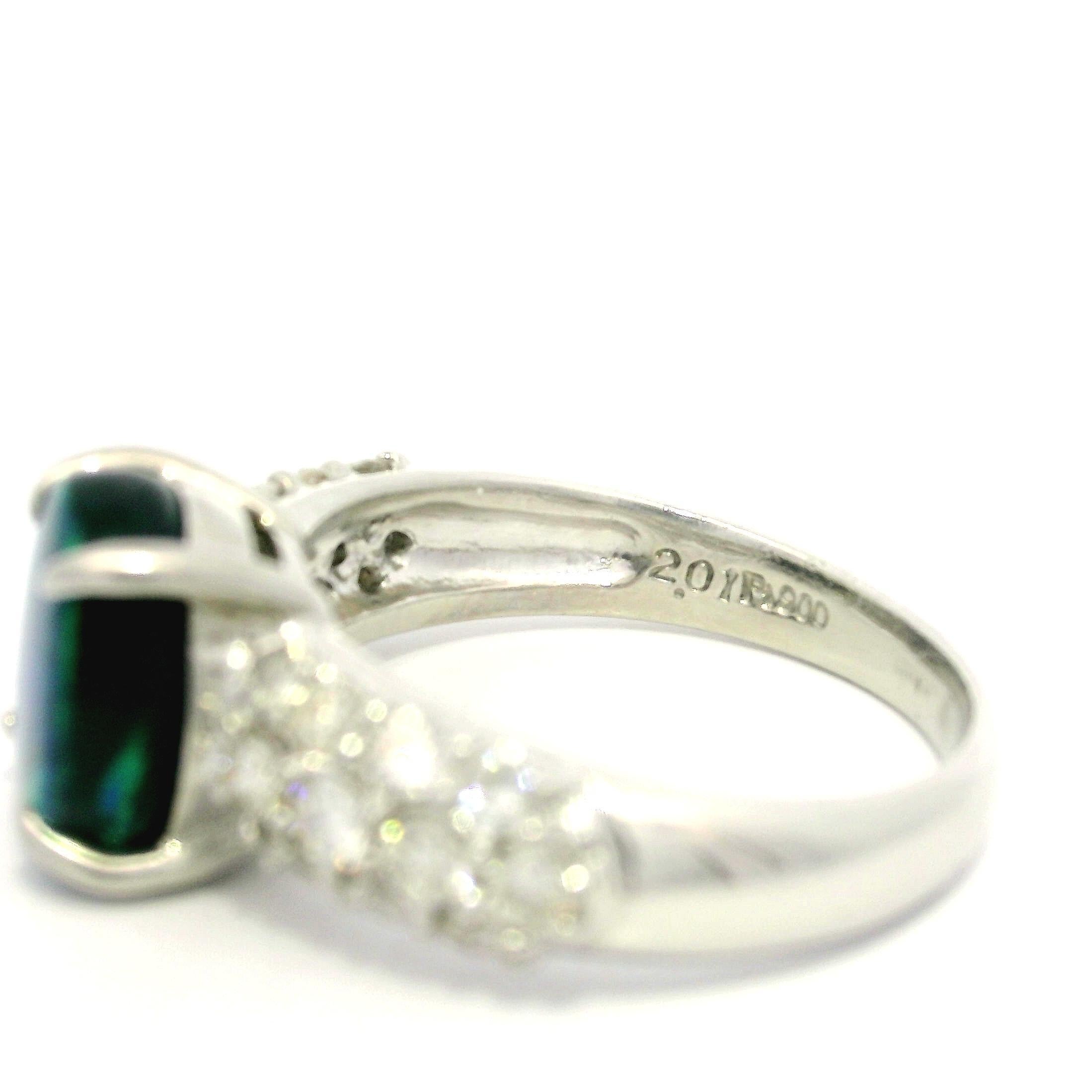 Classic Solid Platinum GIA 3.01ctw Oval Cabochon Black Opal & Pave Diamond Ring For Sale 5