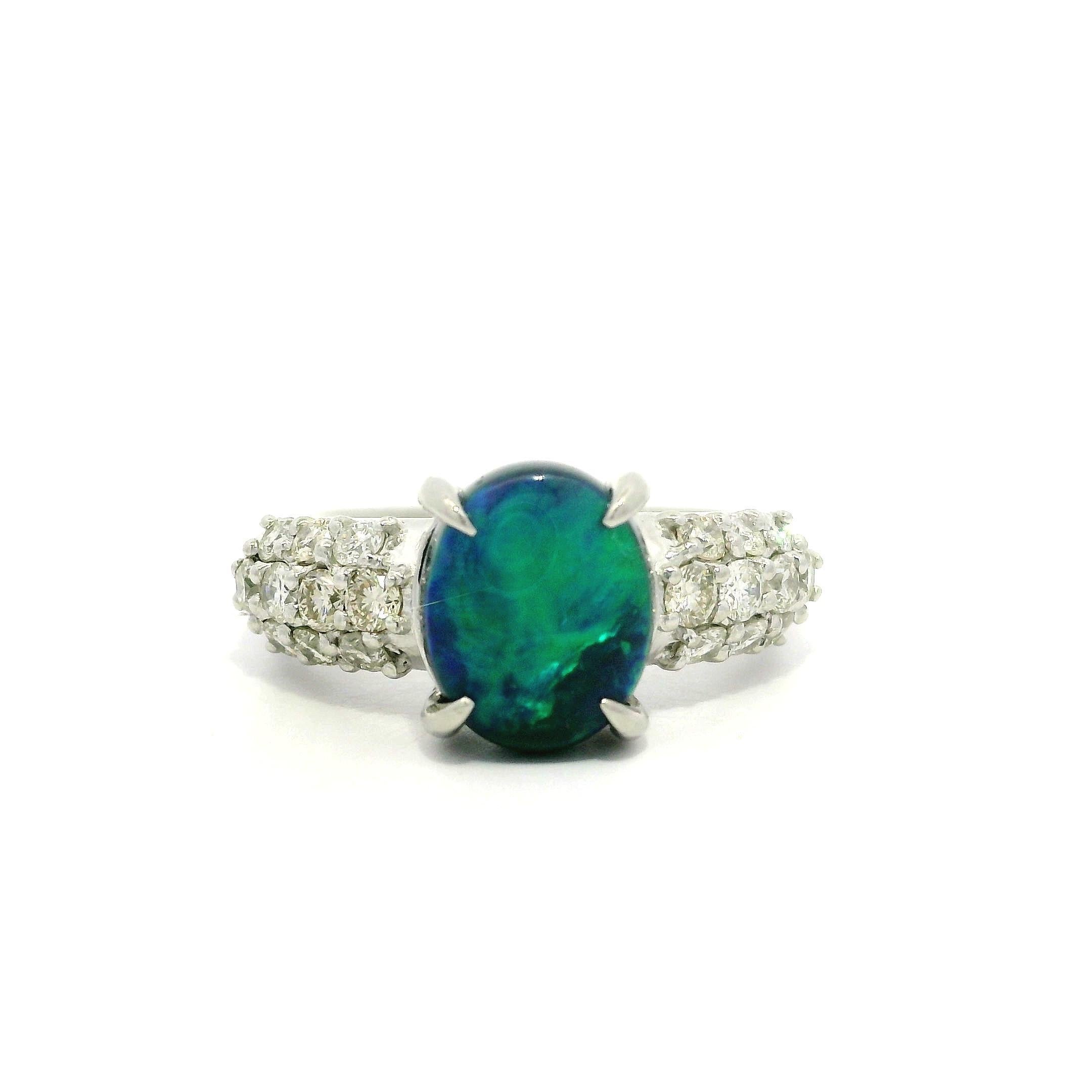 Classic Solid Platinum GIA 3.01ctw Oval Cabochon Black Opal & Pave Diamond Ring For Sale