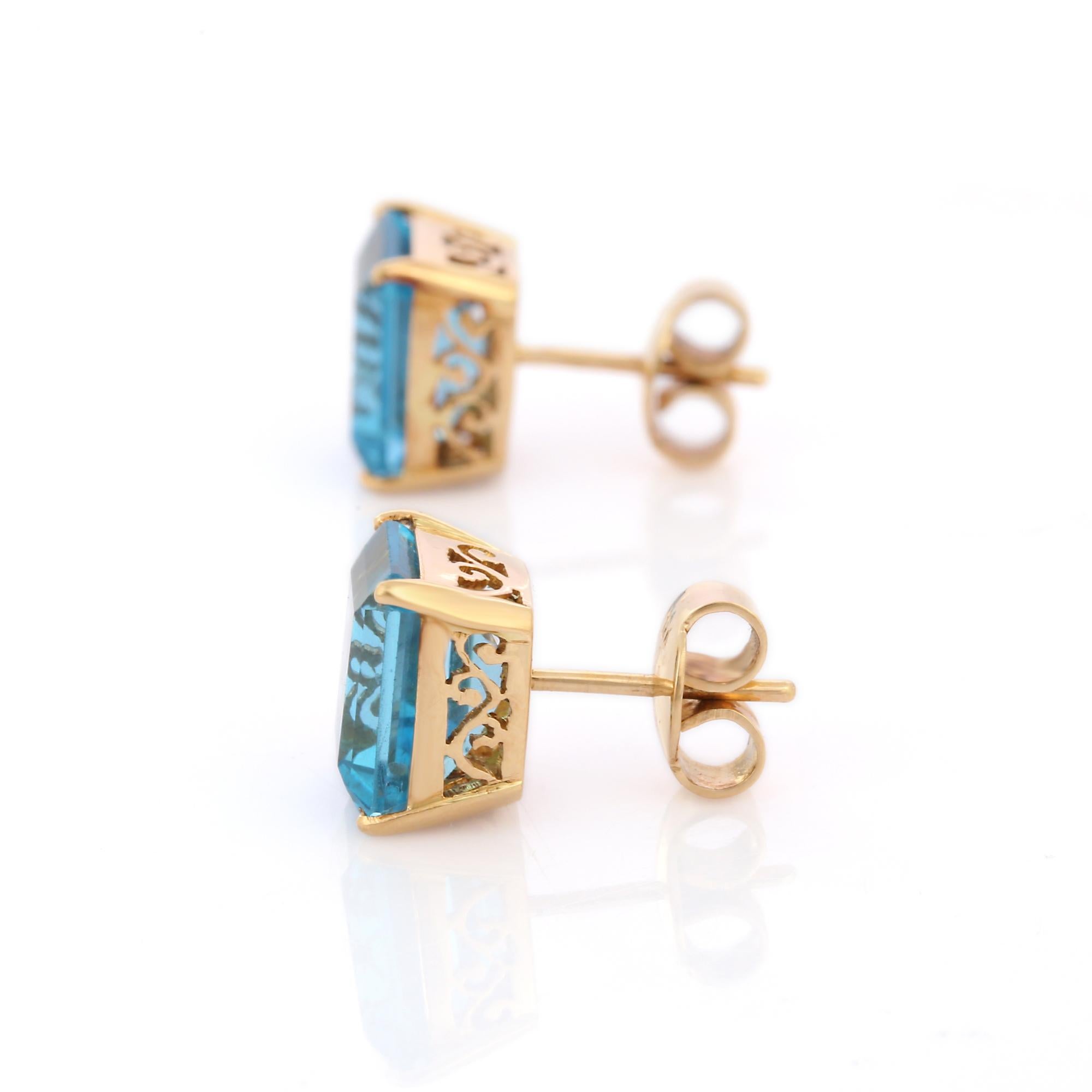 Art Deco Classic Blue Topaz Solitaire Stud Earrings in 18K Solid Yellow Gold Settings For Sale