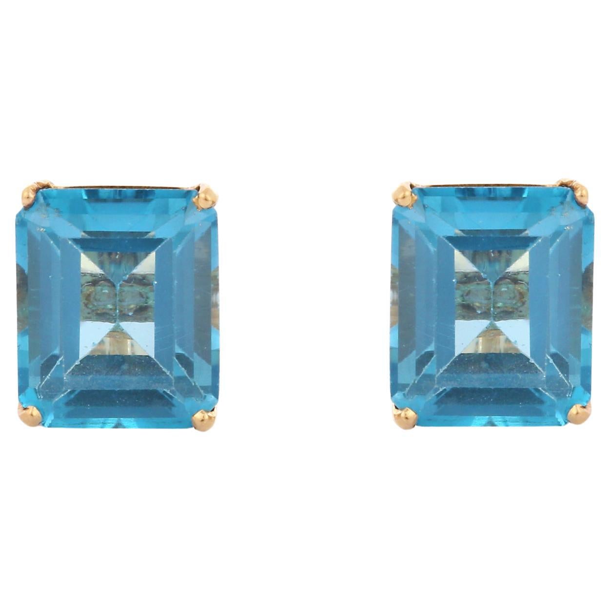 Classic Blue Topaz Solitaire Stud Earrings in 18K Solid Yellow Gold Settings