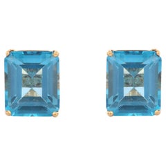 Classic Blue Topaz Solitaire Stud Earrings in 18K Solid Yellow Gold Settings