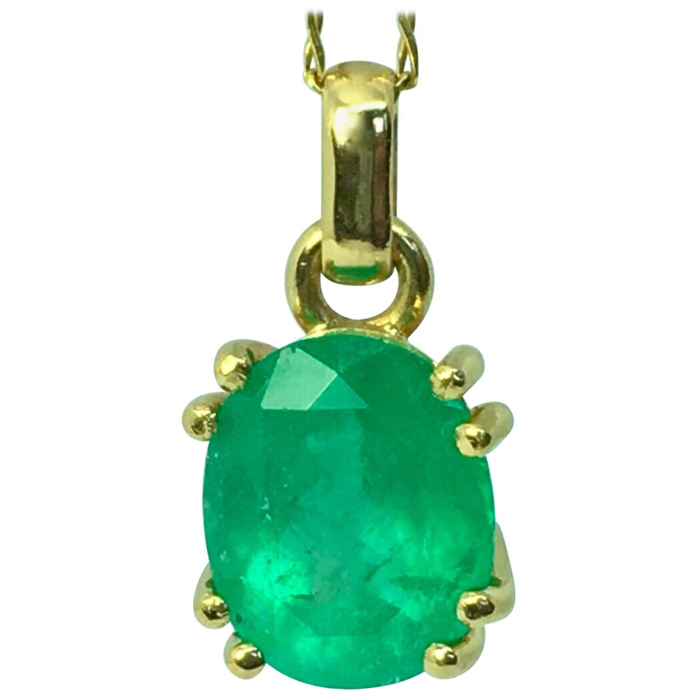 Classic Solitaire Oval Emerald Drop Pendant Necklace 18 Karat