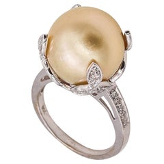 Classic Solitaire Ring 18Kt White Gold With Diamonds & 14mm Golden Round Pearl