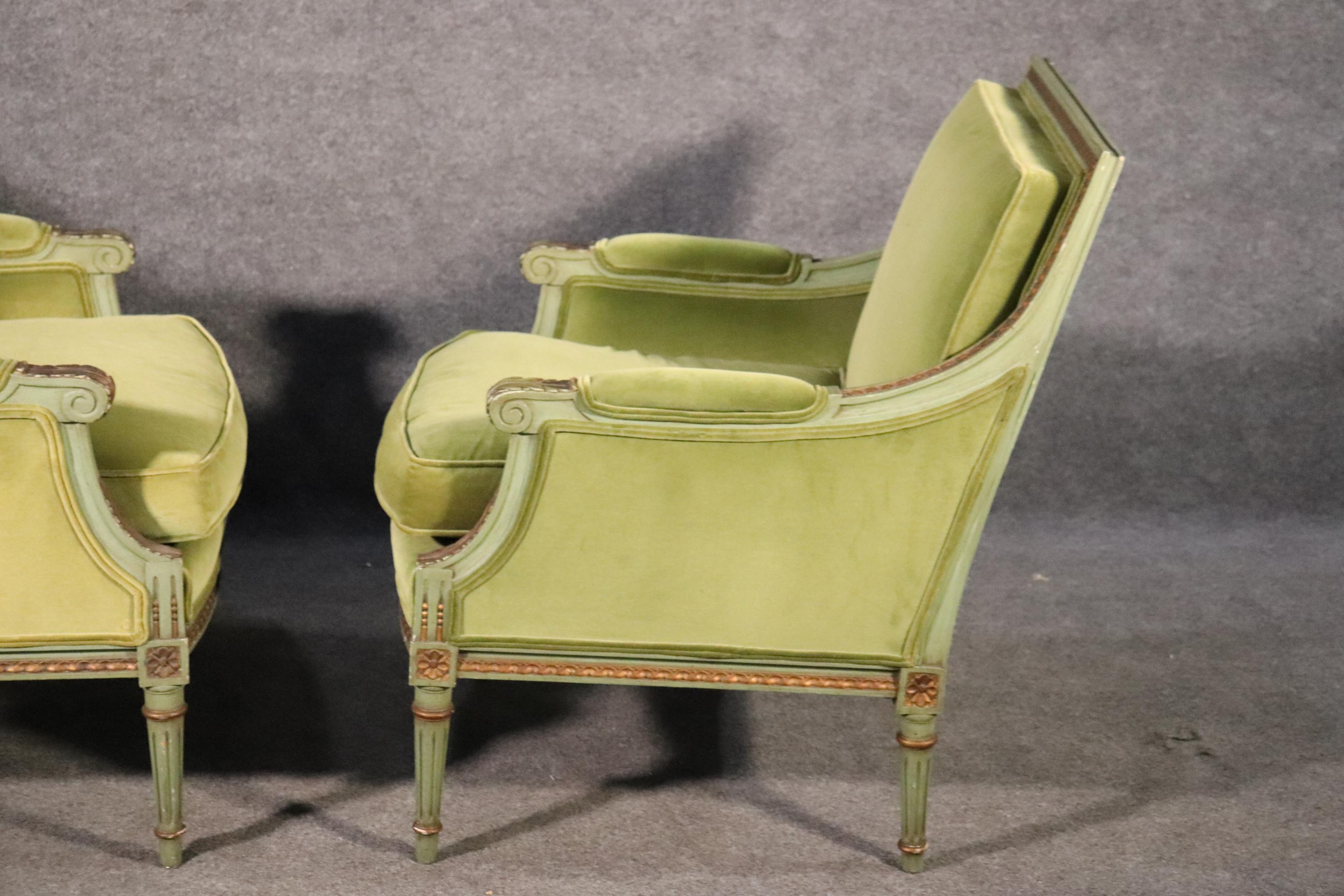 Classic Square Back French Louis XVI Style Green Painted Velvet Bergere Chairs 4