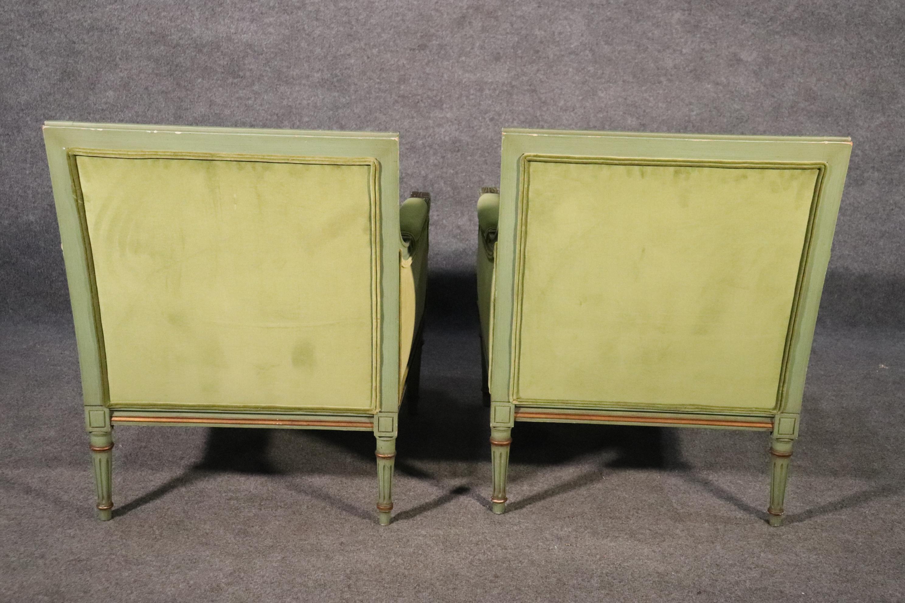 Classic Square Back French Louis XVI Style Green Painted Velvet Bergere Chairs 5