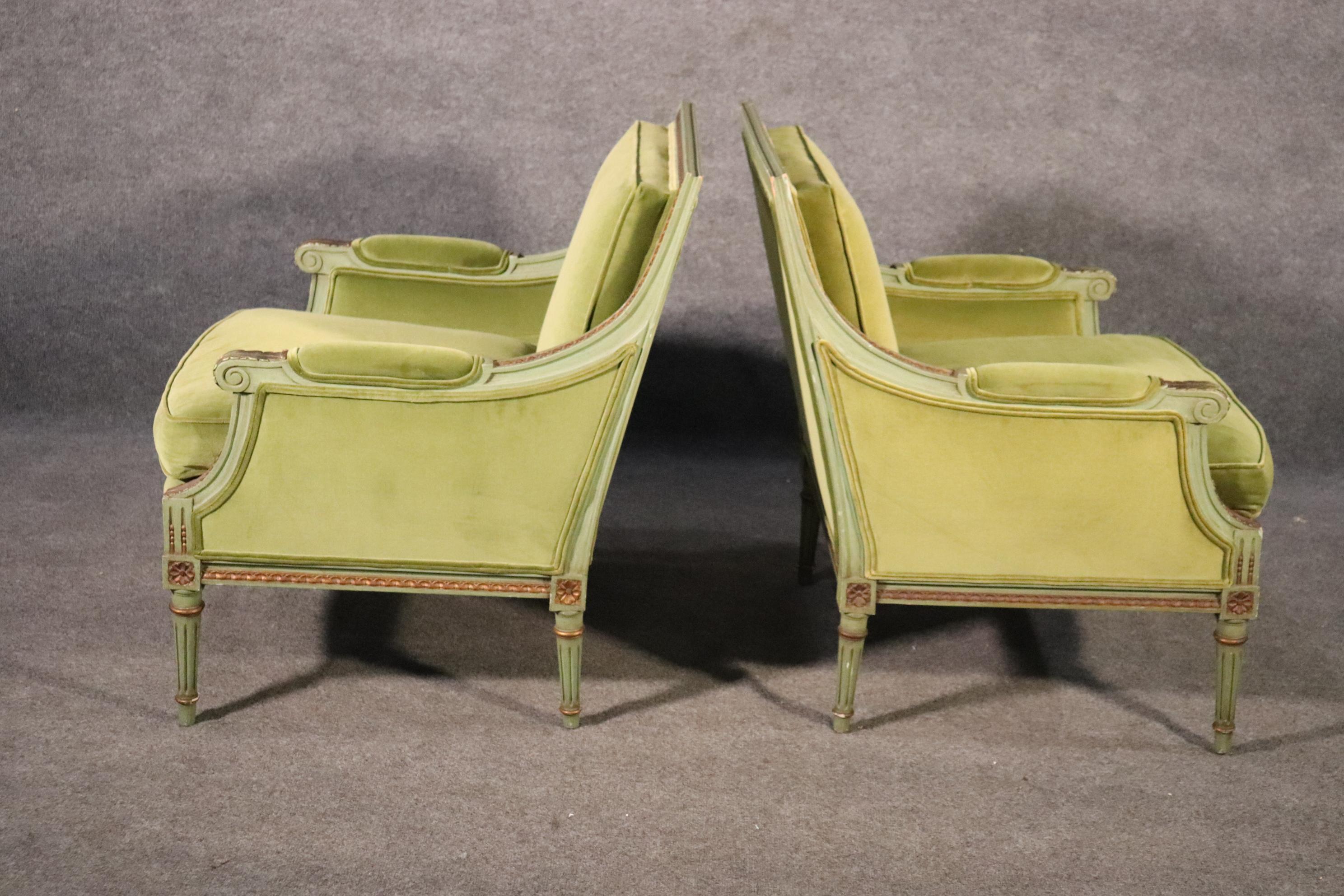 Classic Square Back French Louis XVI Style Green Painted Velvet Bergere Chairs 6