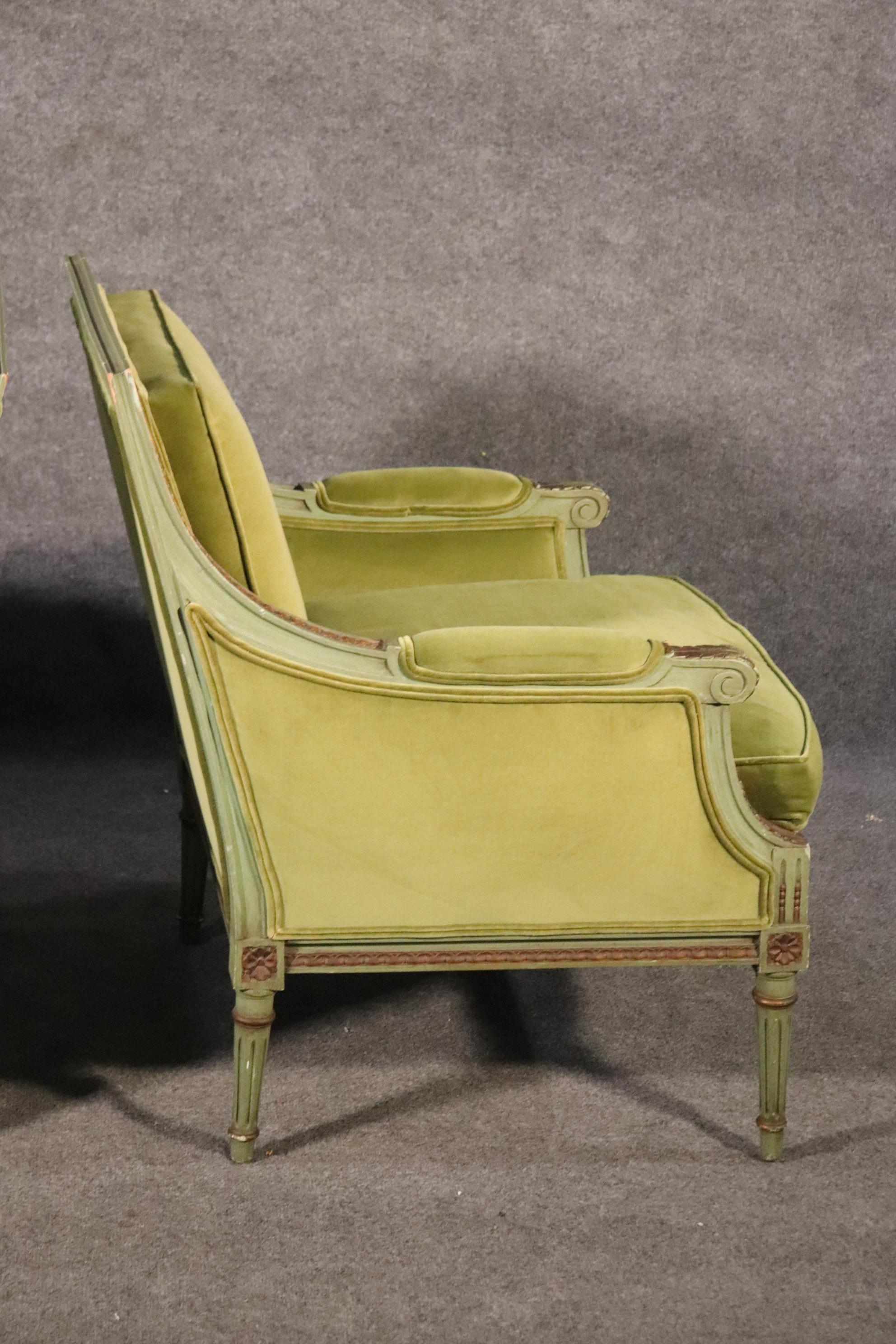 American Classic Square Back French Louis XVI Style Green Painted Velvet Bergere Chairs