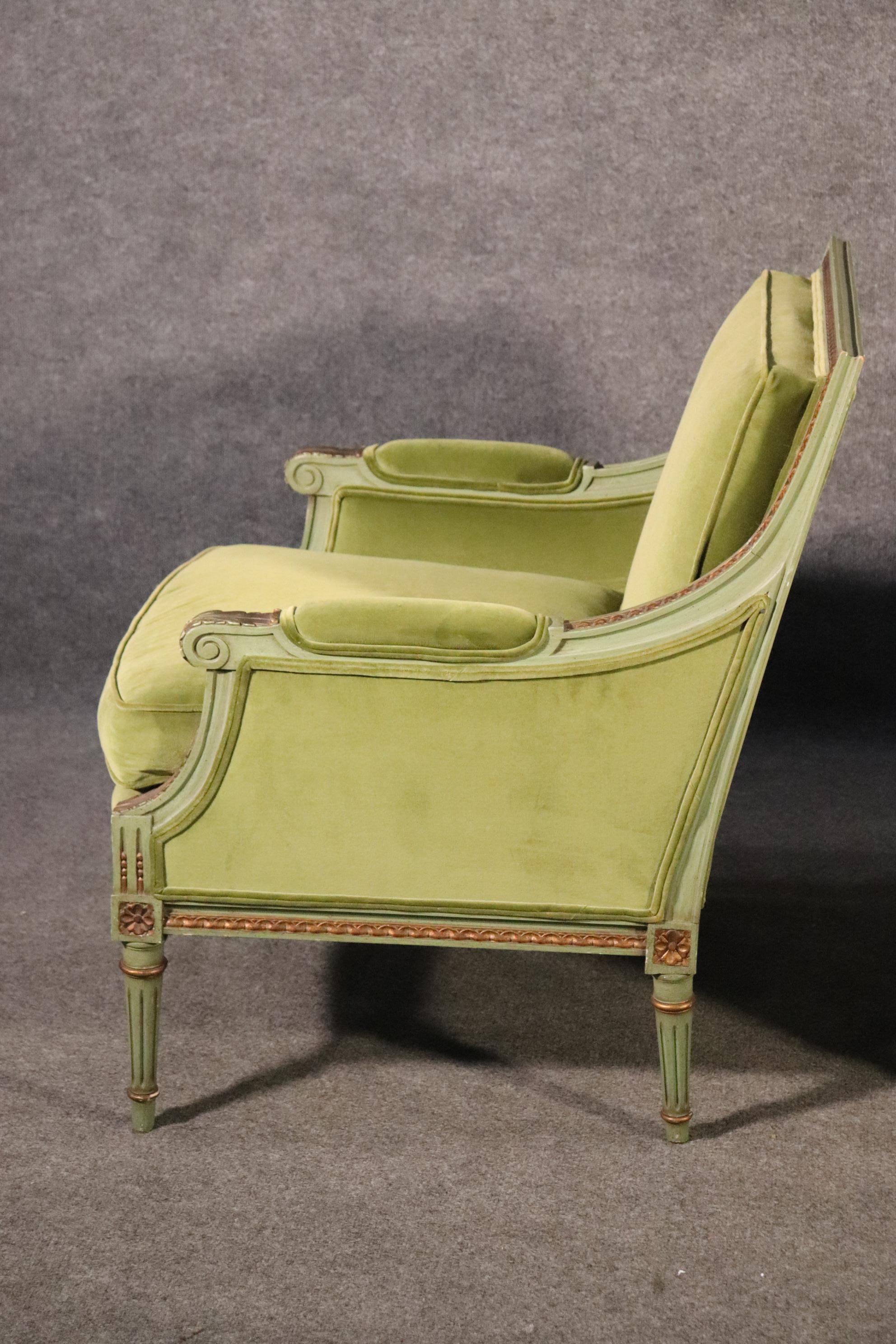 Classic Square Back French Louis XVI Style Green Painted Velvet Bergere Chairs In Good Condition In Swedesboro, NJ