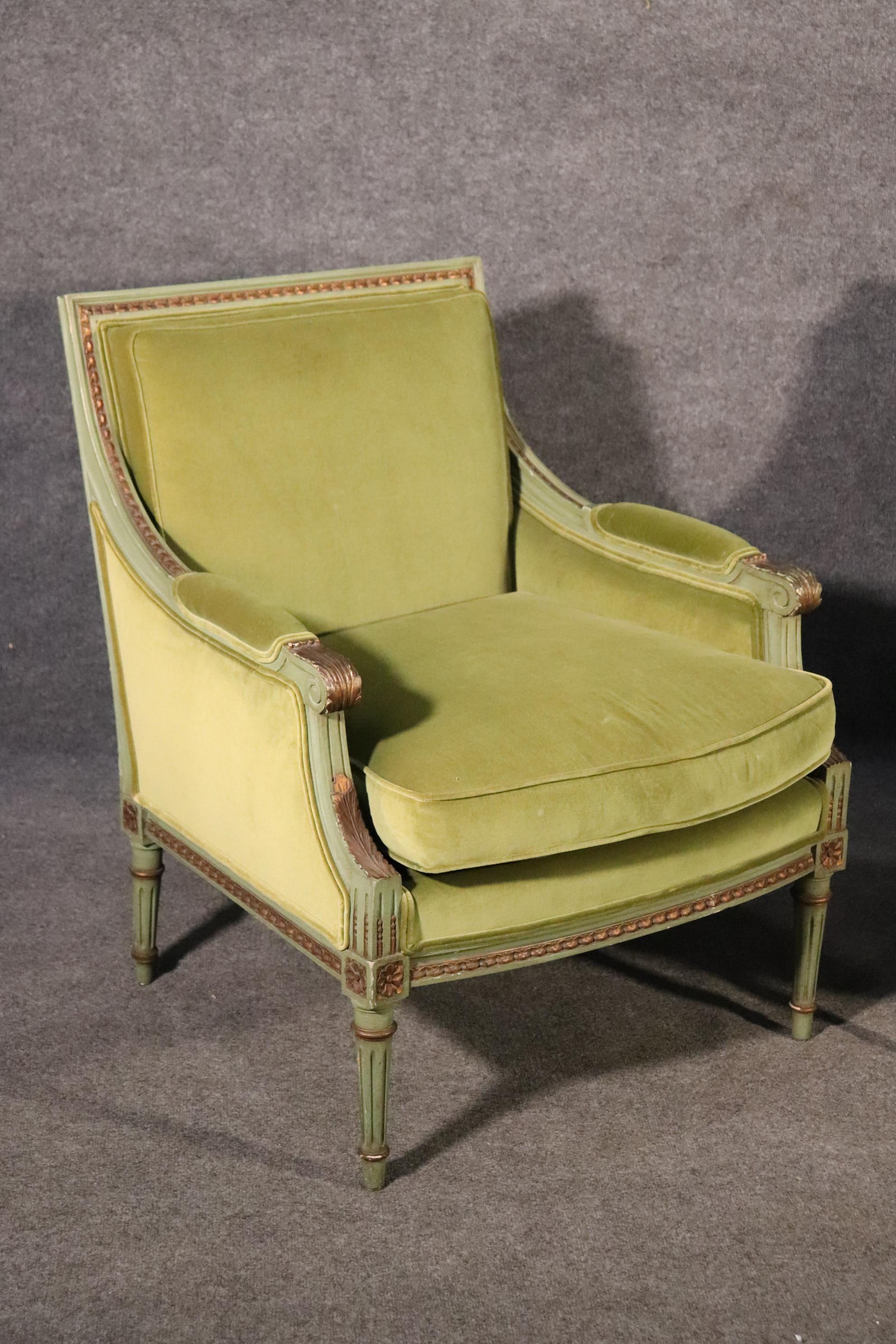 Mid-20th Century Classic Square Back French Louis XVI Style Green Painted Velvet Bergere Chairs